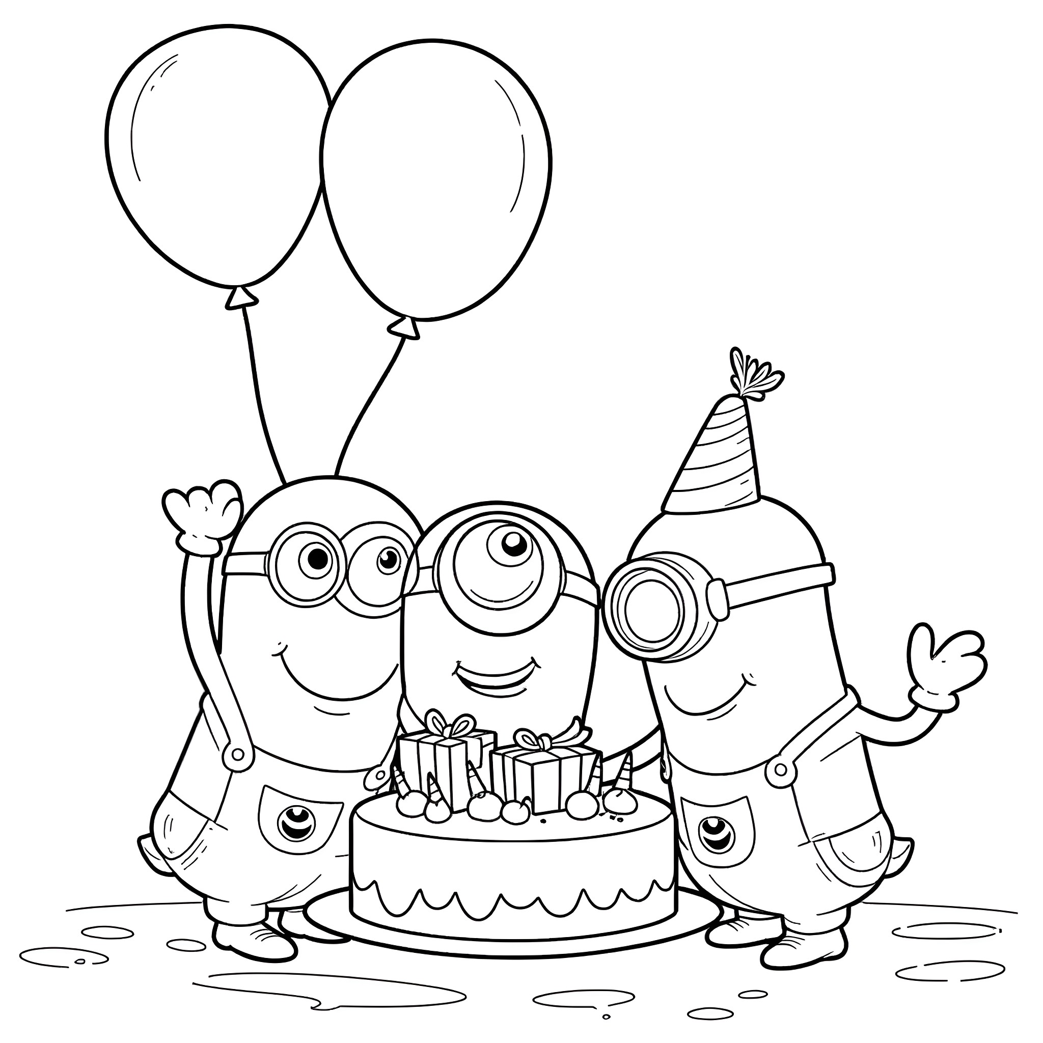 Minions Celebrating with Balloons and Birthday Cake Coloring Page (free black-and-white line drawing printable PDF for all, from beginners to advanced learners, including children, teens, adults, and seniors)