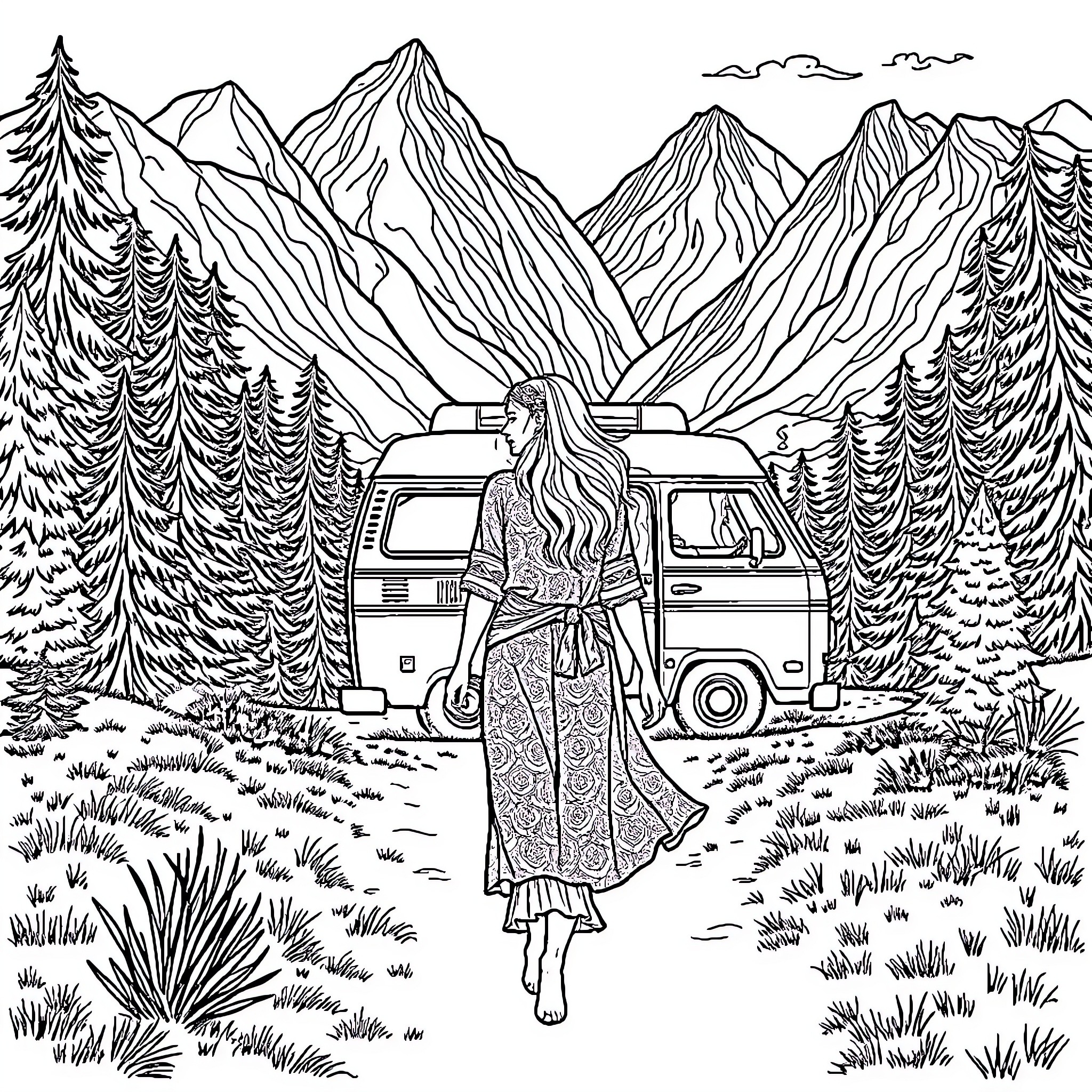 Woman exploring scenic mountain landscape with camper van Coloring Page (free black-and-white line drawing printable PDF for all, from beginners to advanced learners, including children, teens, adults, and seniors)
