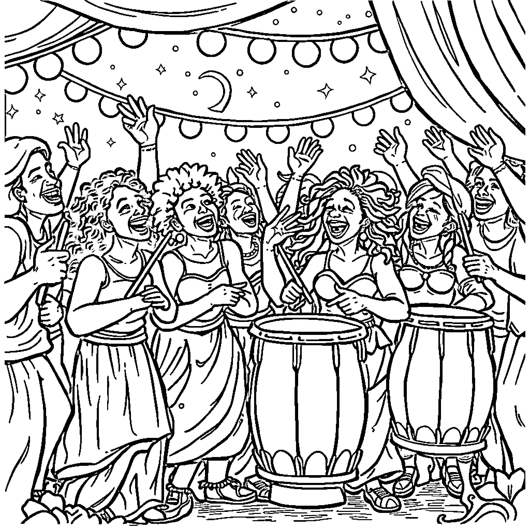Tung Celebration with Vibrant Performers Coloring Page (free black-and-white line drawing printable PDF for all, from beginners to advanced learners, including children, teens, adults, and seniors)