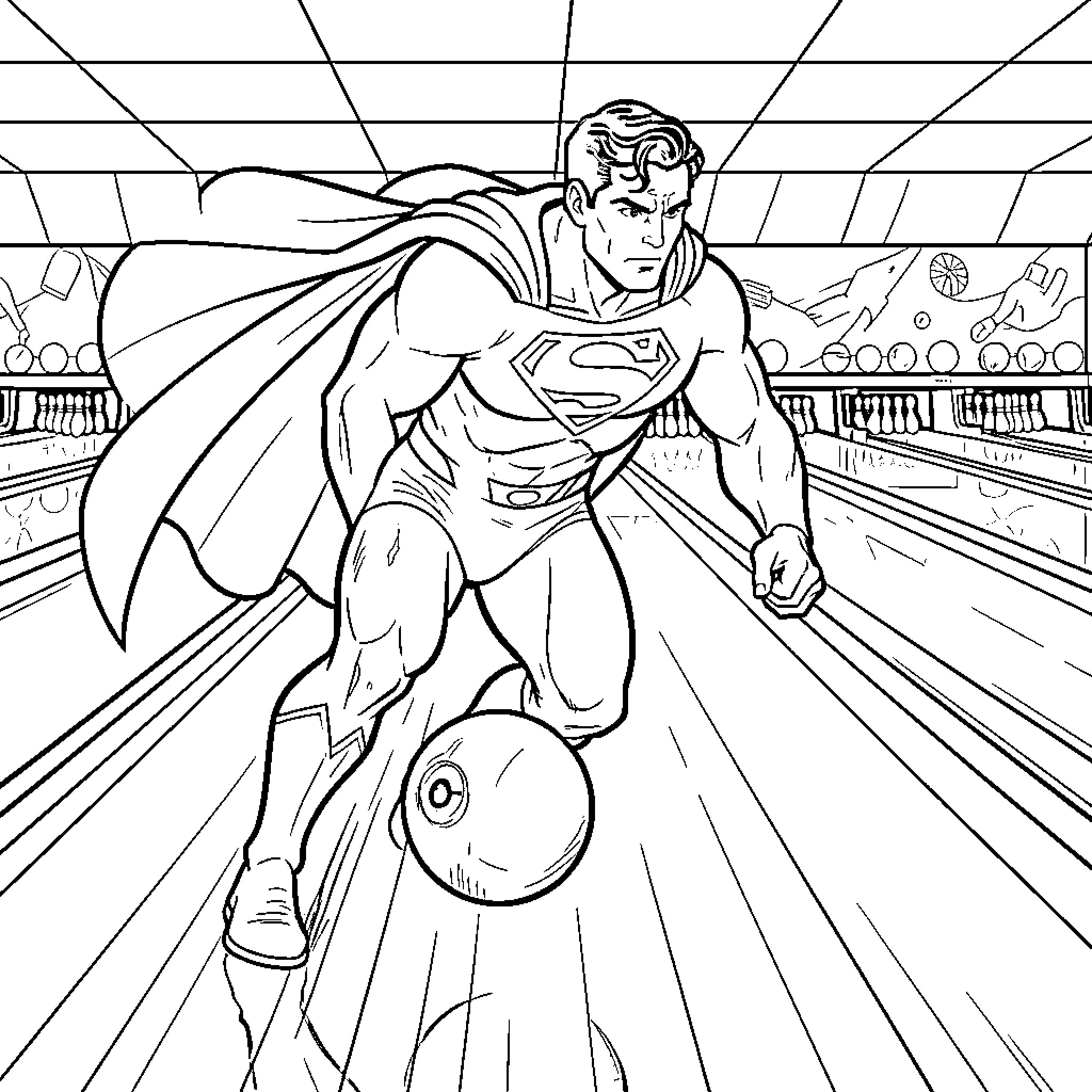 Superman bowling in the city Coloring Page (free black-and-white line drawing printable PDF for all, from beginners to advanced learners, including children, teens, adults, and seniors)