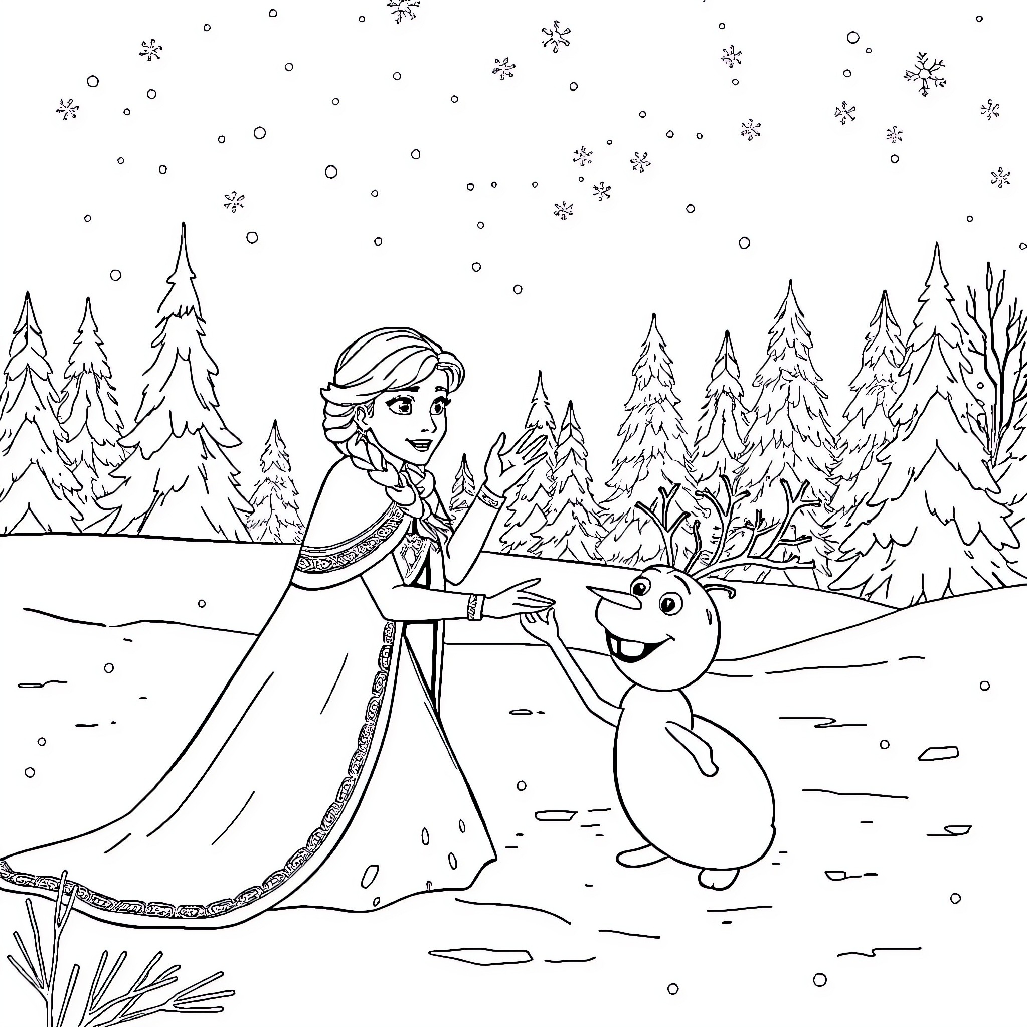 Anna's Enchanting Winter Adventure Coloring Page (free black-and-white line drawing printable PDF for all, from beginners to advanced learners, including children, teens, adults, and seniors)