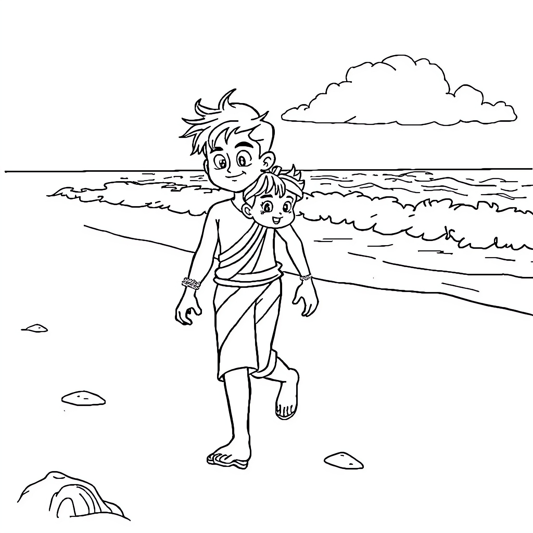 Vijju's Beach Adventure Coloring Page (free black-and-white line drawing printable PDF for all, from beginners to advanced learners, including children, teens, adults, and seniors)