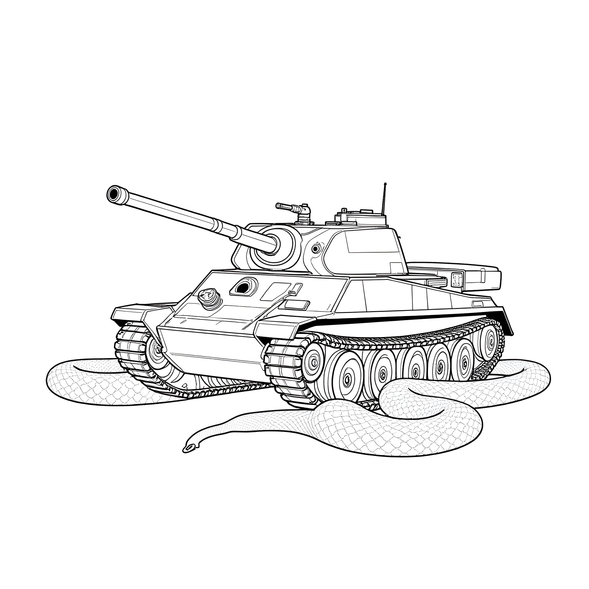 Snake-like Tank Rolling Through the Battlefield Coloring Page (free black-and-white line drawing printable PDF for all, from beginners to advanced learners, including children, teens, adults, and seniors)