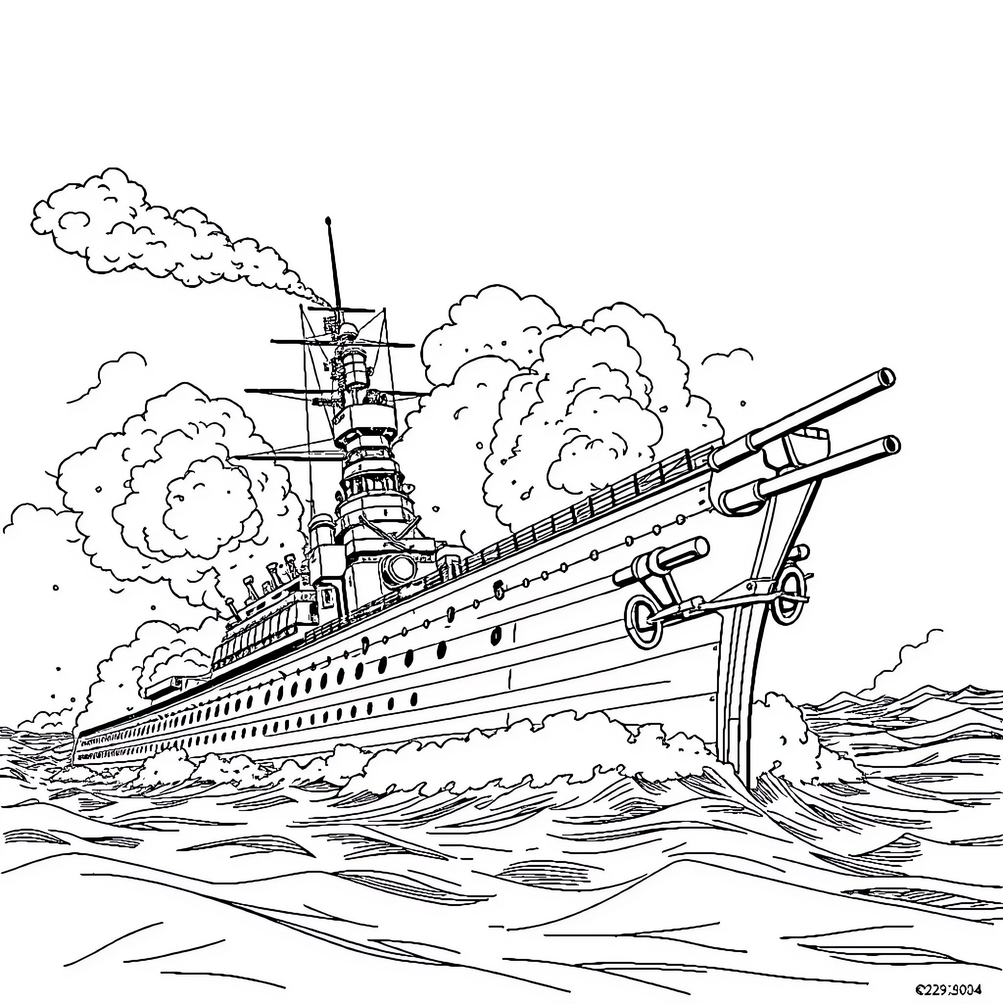 Yamato battleship in action at sea Coloring Page (free black-and-white line drawing printable PDF for all, from beginners to advanced learners, including children, teens, adults, and seniors)