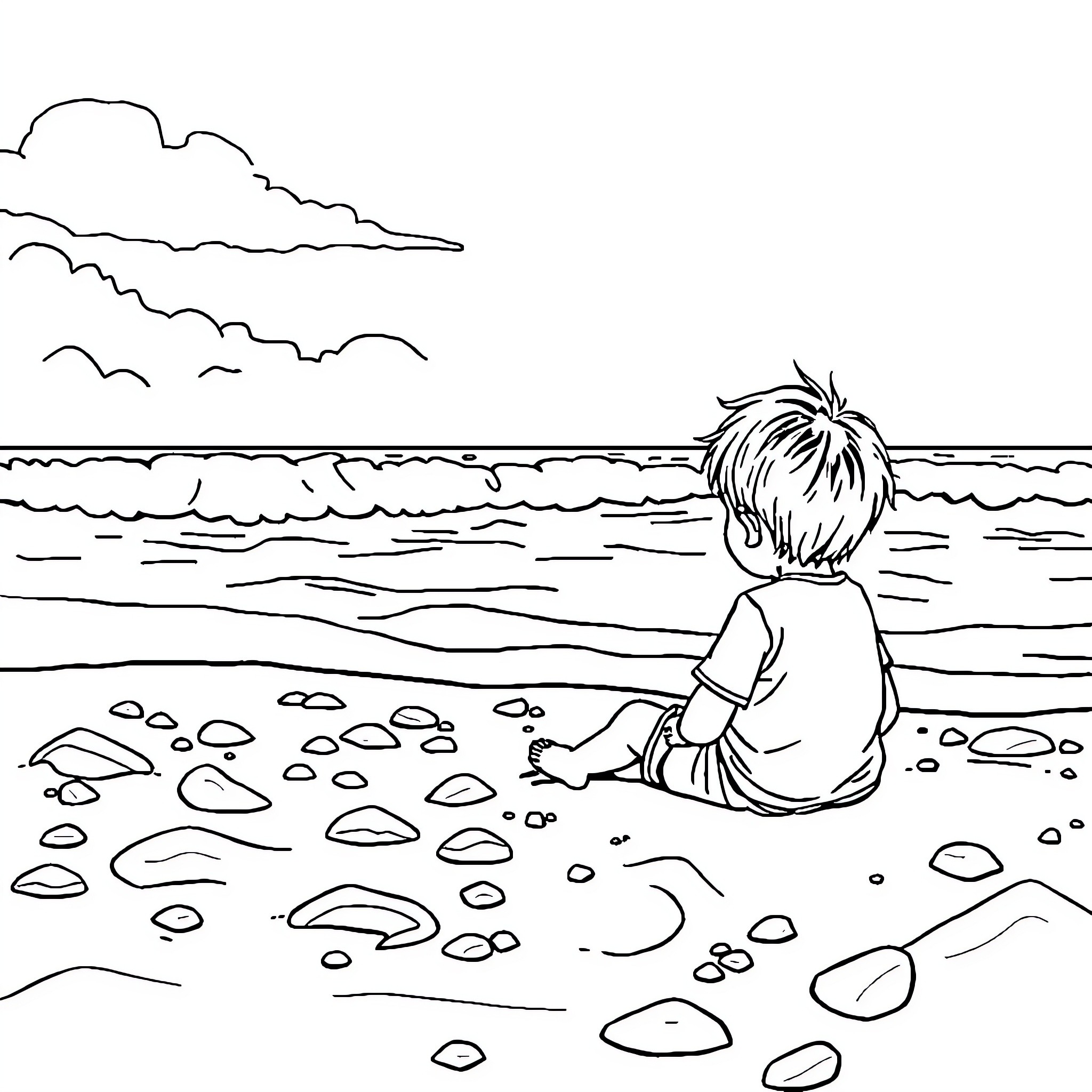 Child sitting on rocky beach by the sea Coloring Page (free black-and-white line drawing printable PDF for all, from beginners to advanced learners, including children, teens, adults, and seniors)