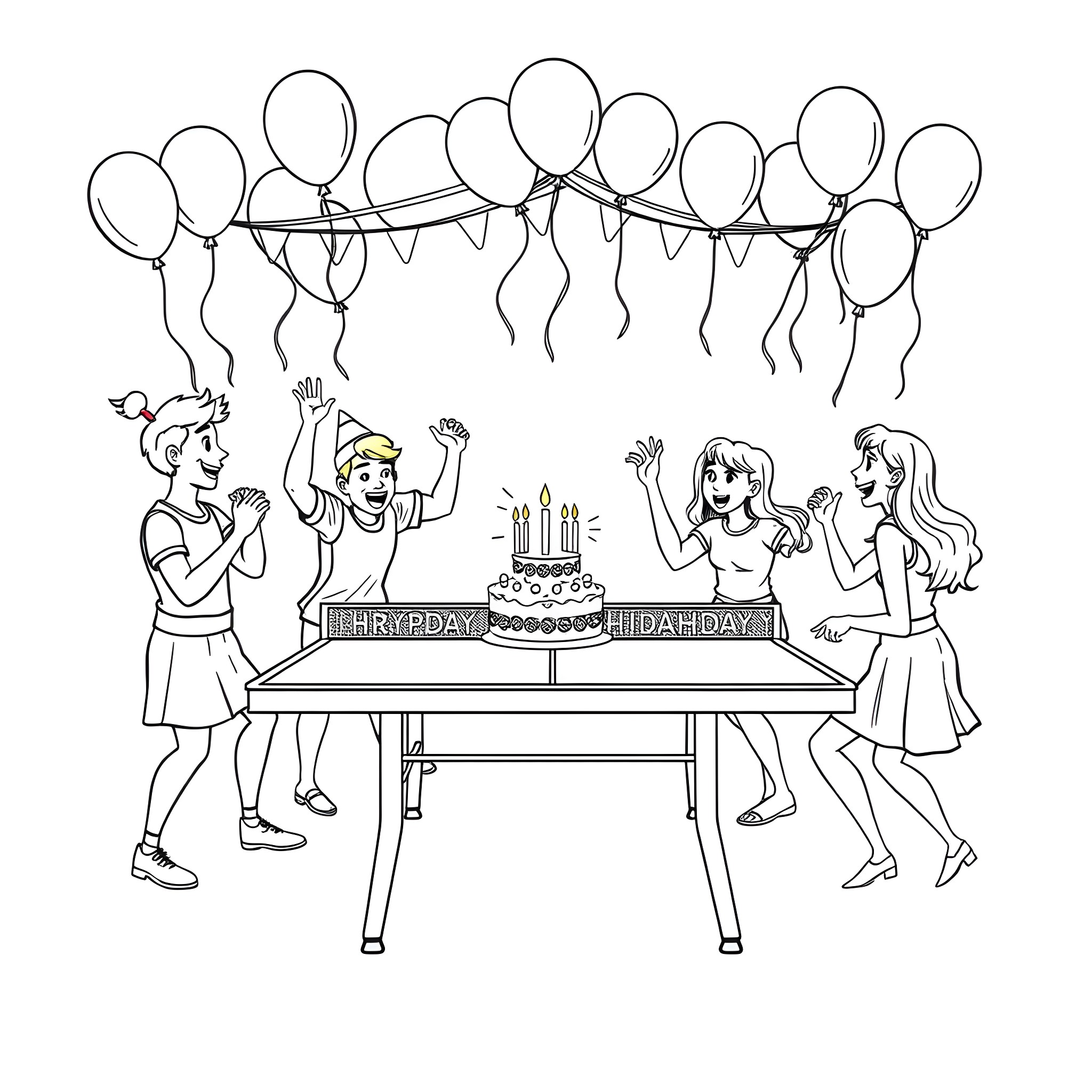 Ping Pong Birthday Party with Friends Coloring Page (free black-and-white line drawing printable PDF for all, from beginners to advanced learners, including children, teens, adults, and seniors)