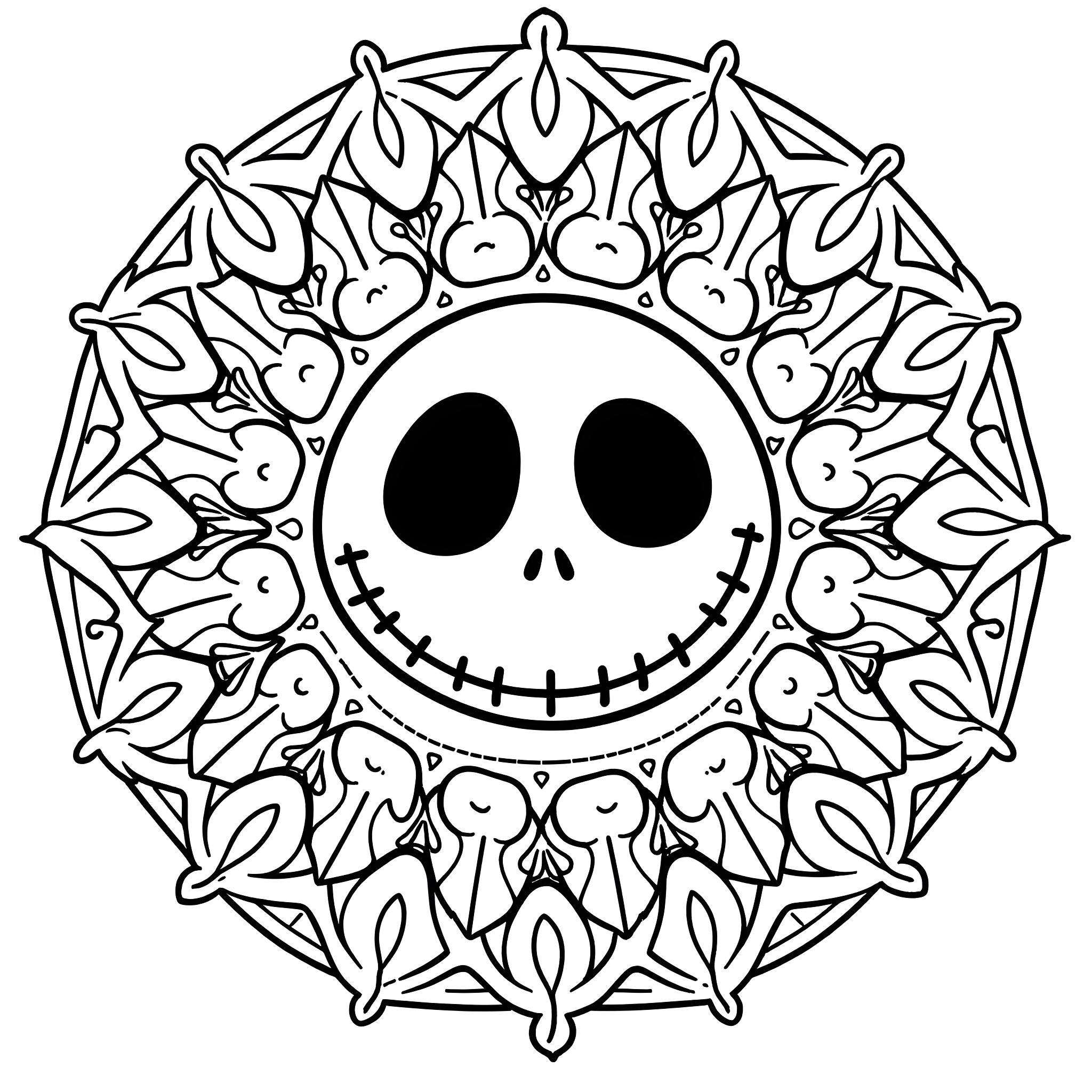Jack Skellington's Smiling Face in a Decorative Mandala Coloring Page (free black-and-white line drawing printable PDF for all, from beginners to advanced learners, including children, teens, adults, and seniors)