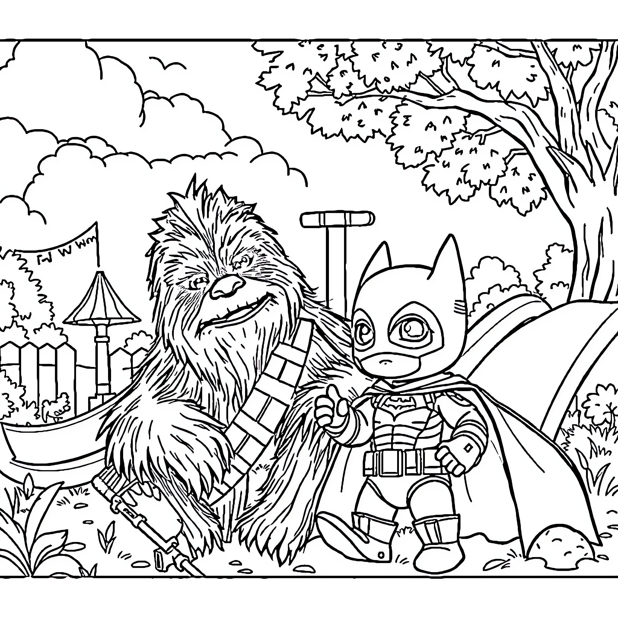 Wookie and Bat Hero Explore the Enchanted Forest Coloring Page (free black-and-white line drawing printable PDF for all, from beginners to advanced learners, including children, teens, adults, and seniors)