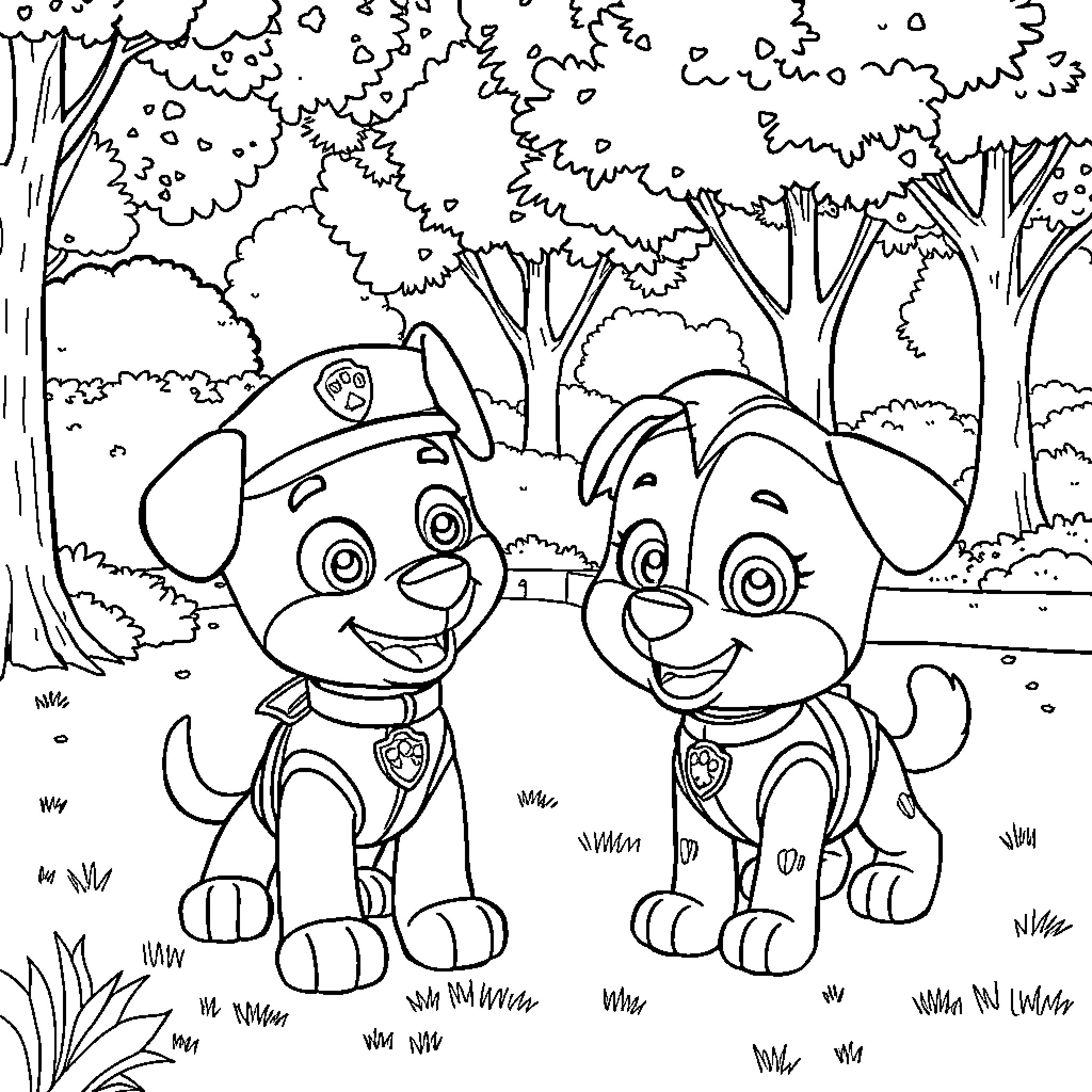 Paw Patrol characters exploring the forest Coloring Page (free black-and-white line drawing printable PDF for all, from beginners to advanced learners, including children, teens, adults, and seniors)