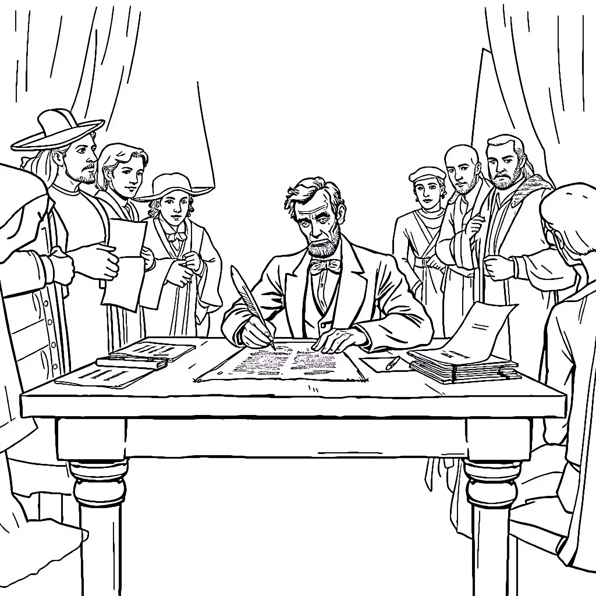Lincoln Signing Historical Documents with Officials Coloring Page (free black-and-white line drawing printable PDF for all, from beginners to advanced learners, including children, teens, adults, and seniors)