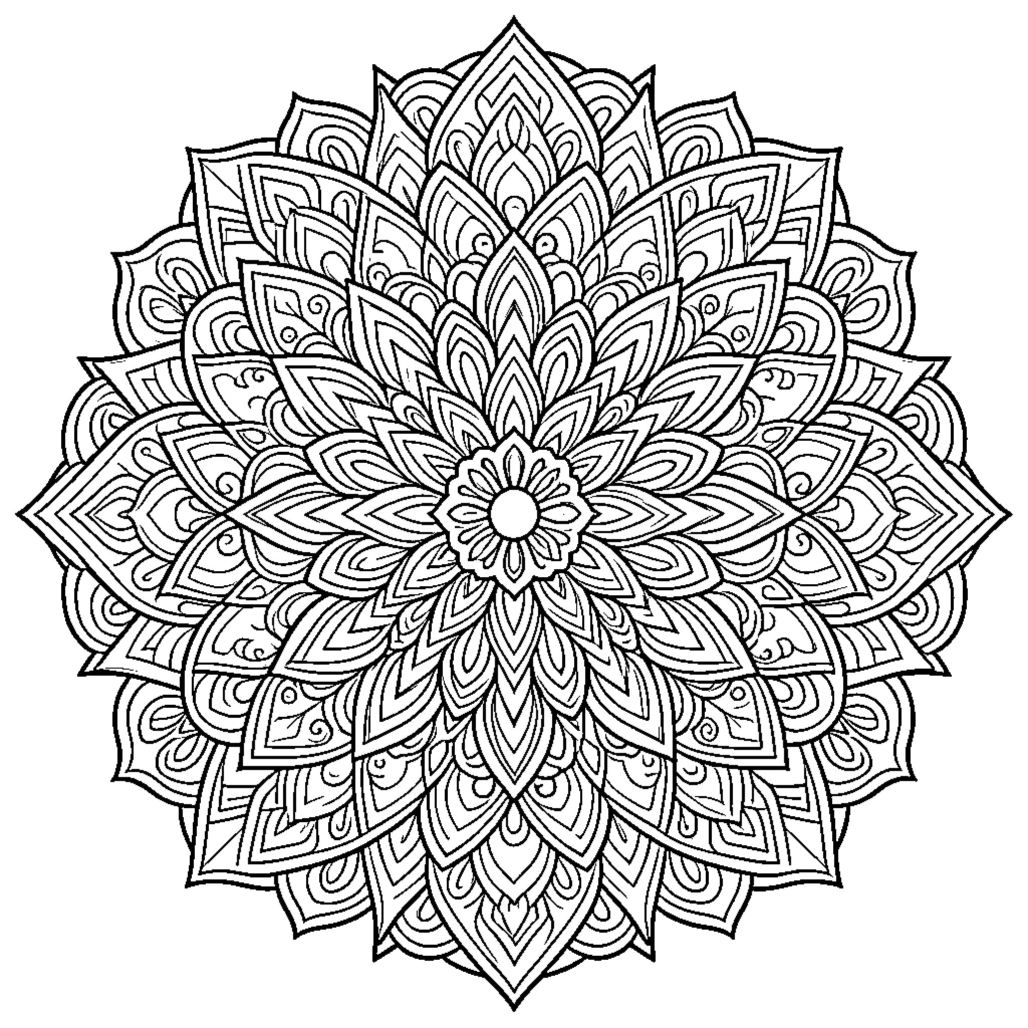 Mandala with intricate floral pattern Coloring Page (free black-and-white line drawing printable PDF for all, from beginners to advanced learners, including children, teens, adults, and seniors)