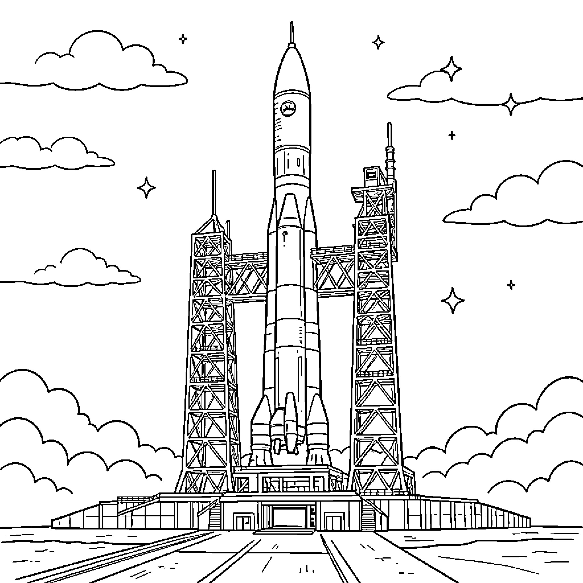 Saturn V rocket launch on launch pad Coloring Page (free black-and-white line drawing printable PDF for all, from beginners to advanced learners, including children, teens, adults, and seniors)
