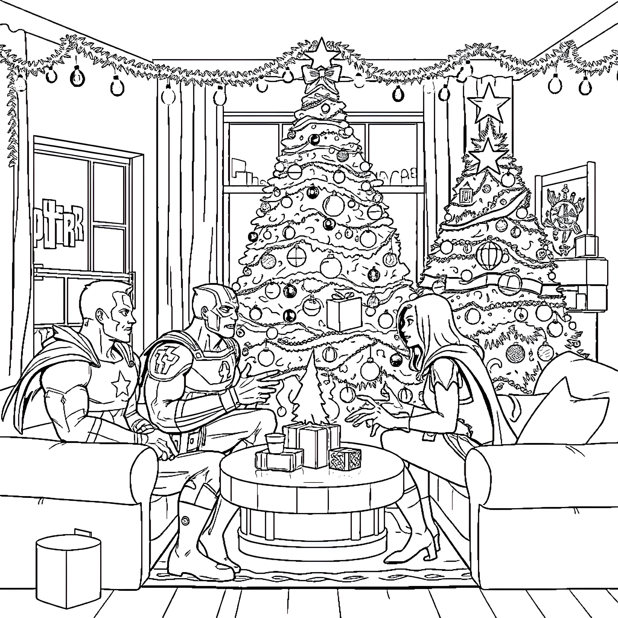 Avenger's Christmas Celebration with Festive Decor Coloring Page (free black-and-white line drawing printable PDF for all, from beginners to advanced learners, including children, teens, adults, and seniors)