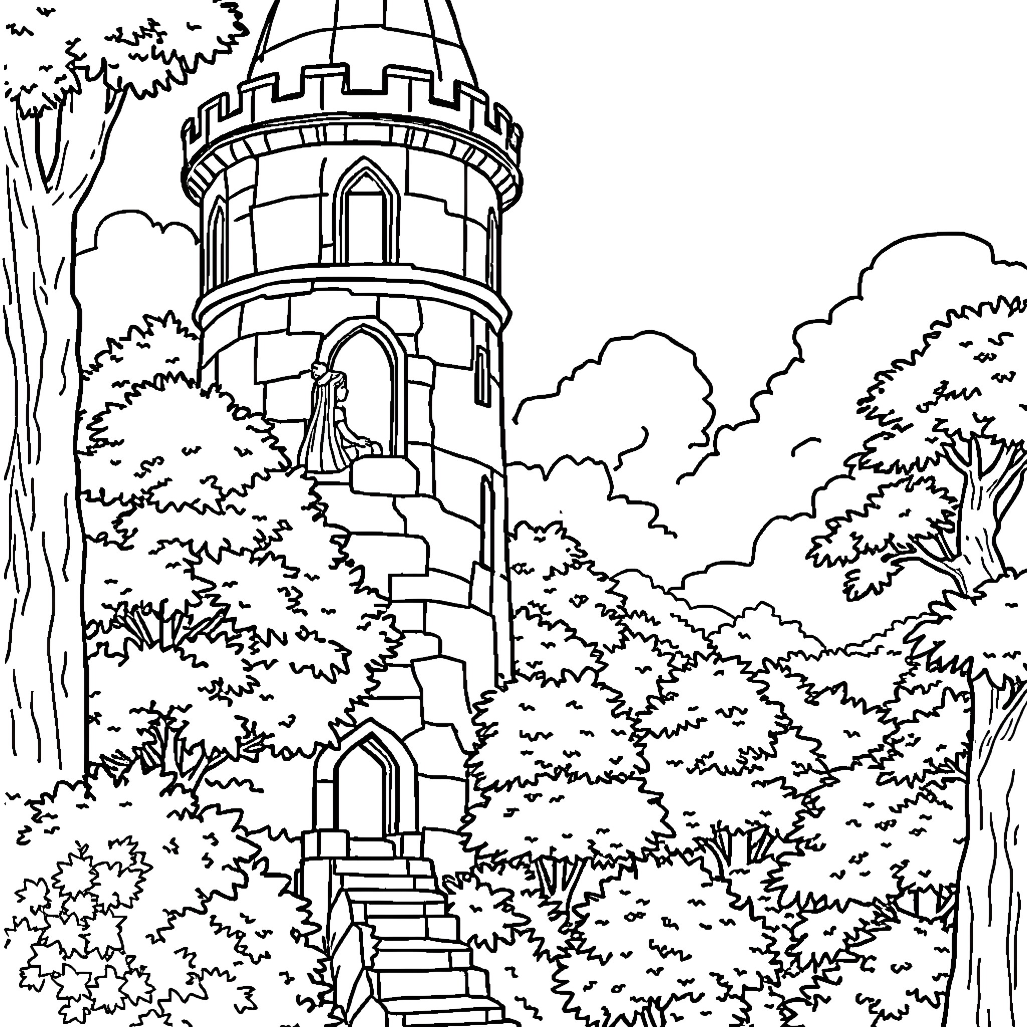 Princess in the enchanted castle garden Coloring Page (free black-and-white line drawing printable PDF for all, from beginners to advanced learners, including children, teens, adults, and seniors)