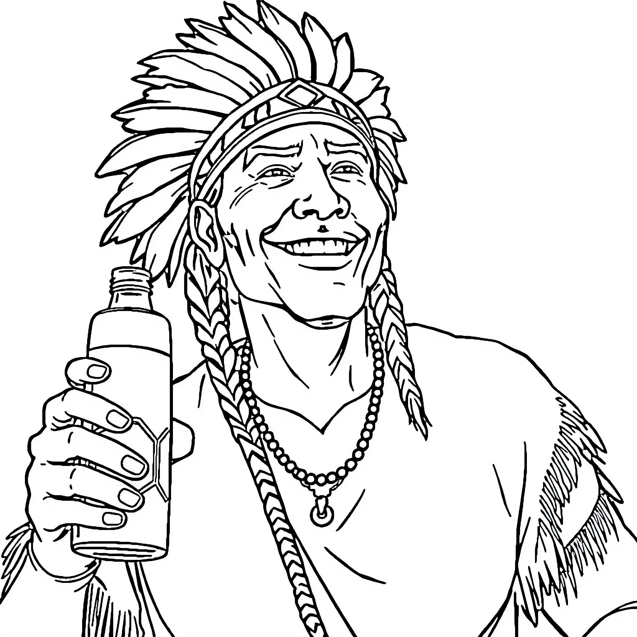 Guy with Tribal Attire Holding Bottle Coloring Page (free black-and-white line drawing printable PDF for all, from beginners to advanced learners, including children, teens, adults, and seniors)