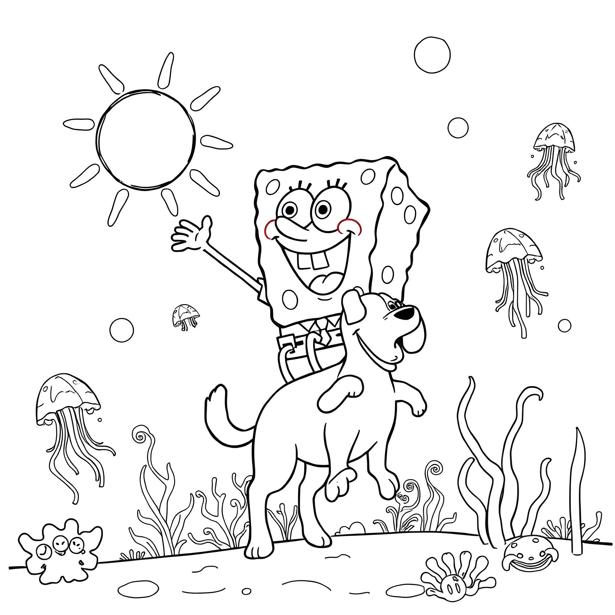 Spongebob joyfully waving while riding a dog underwater Coloring Page (free black-and-white line drawing printable PDF for all, from beginners to advanced learners, including children, teens, adults, and seniors)