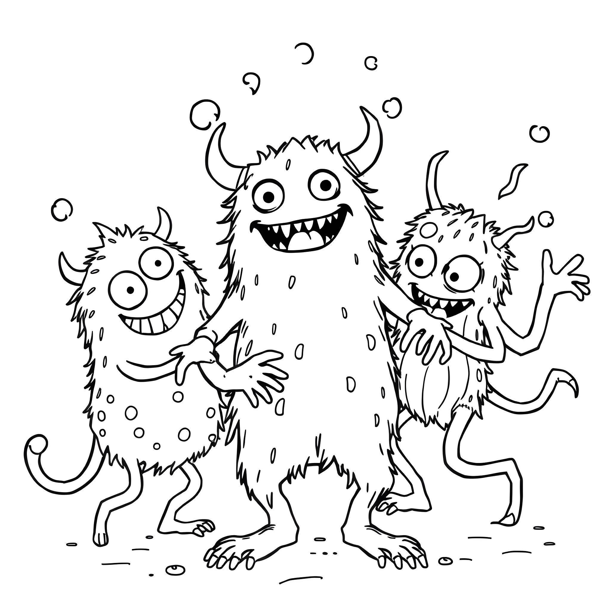 Monster friends having a joyful encounter Coloring Page (free black-and-white line drawing printable PDF for all, from beginners to advanced learners, including children, teens, adults, and seniors)