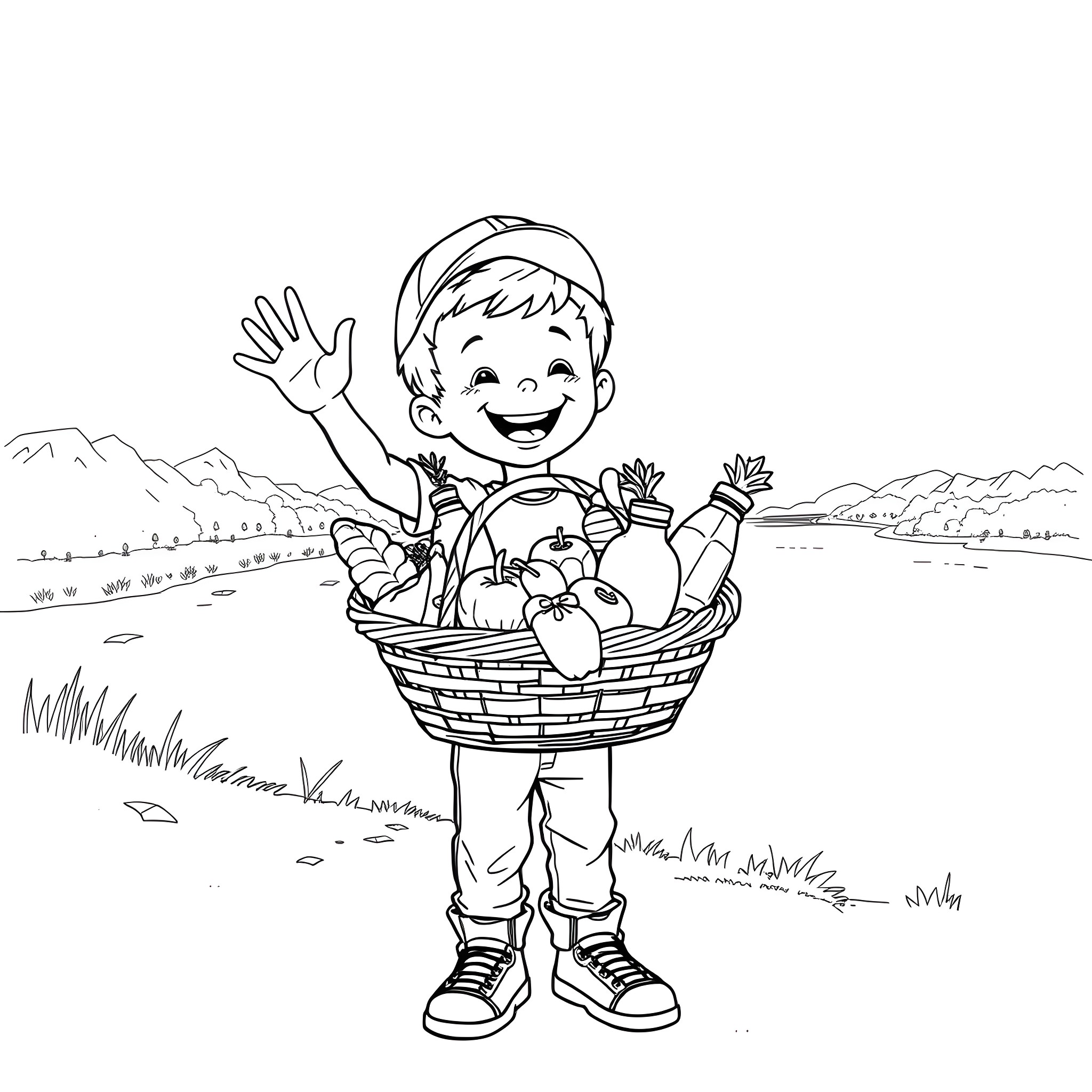 Boy carrying a basket of vegetables in the countryside Coloring Page (free black-and-white line drawing printable PDF for all, from beginners to advanced learners, including children, teens, adults, and seniors)