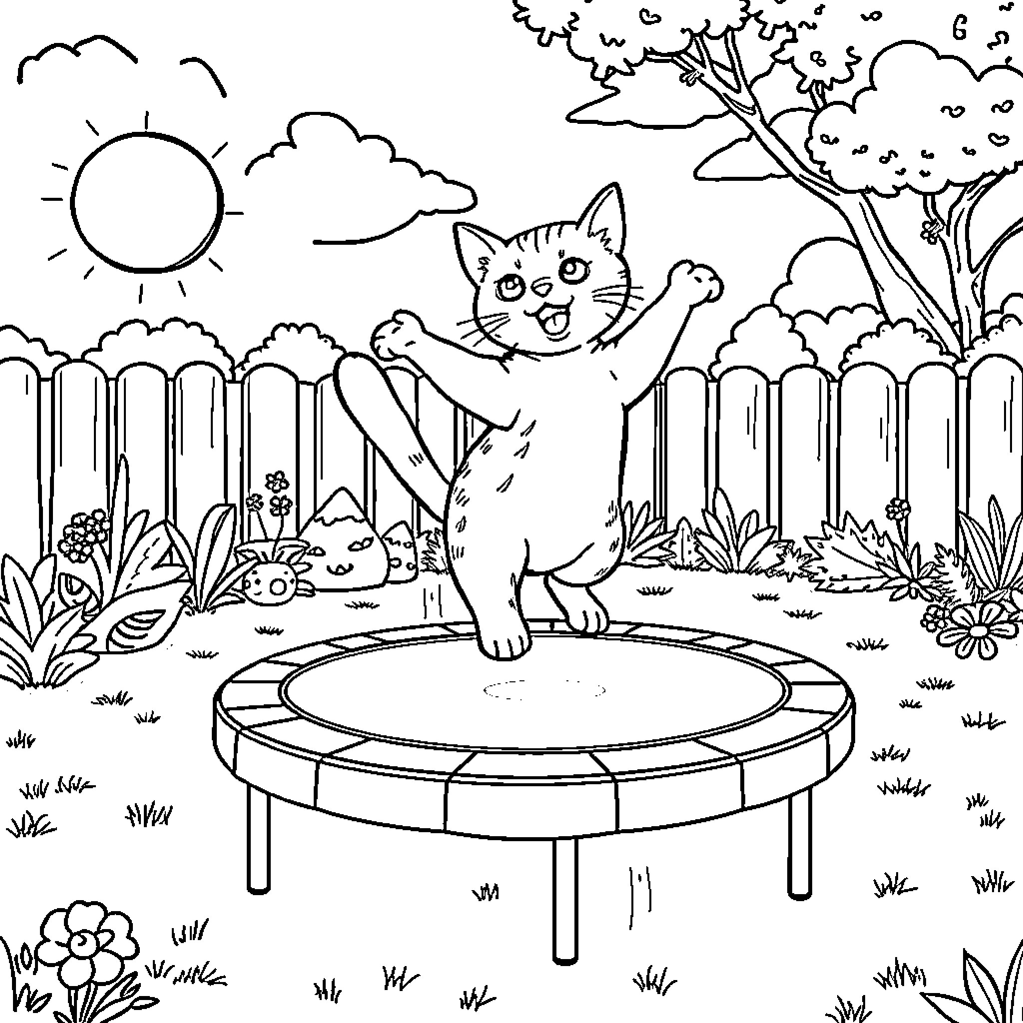 Katseye playing happily on a trampoline in the backyard Coloring Page (free black-and-white line drawing printable PDF for all, from beginners to advanced learners, including children, teens, adults, and seniors)