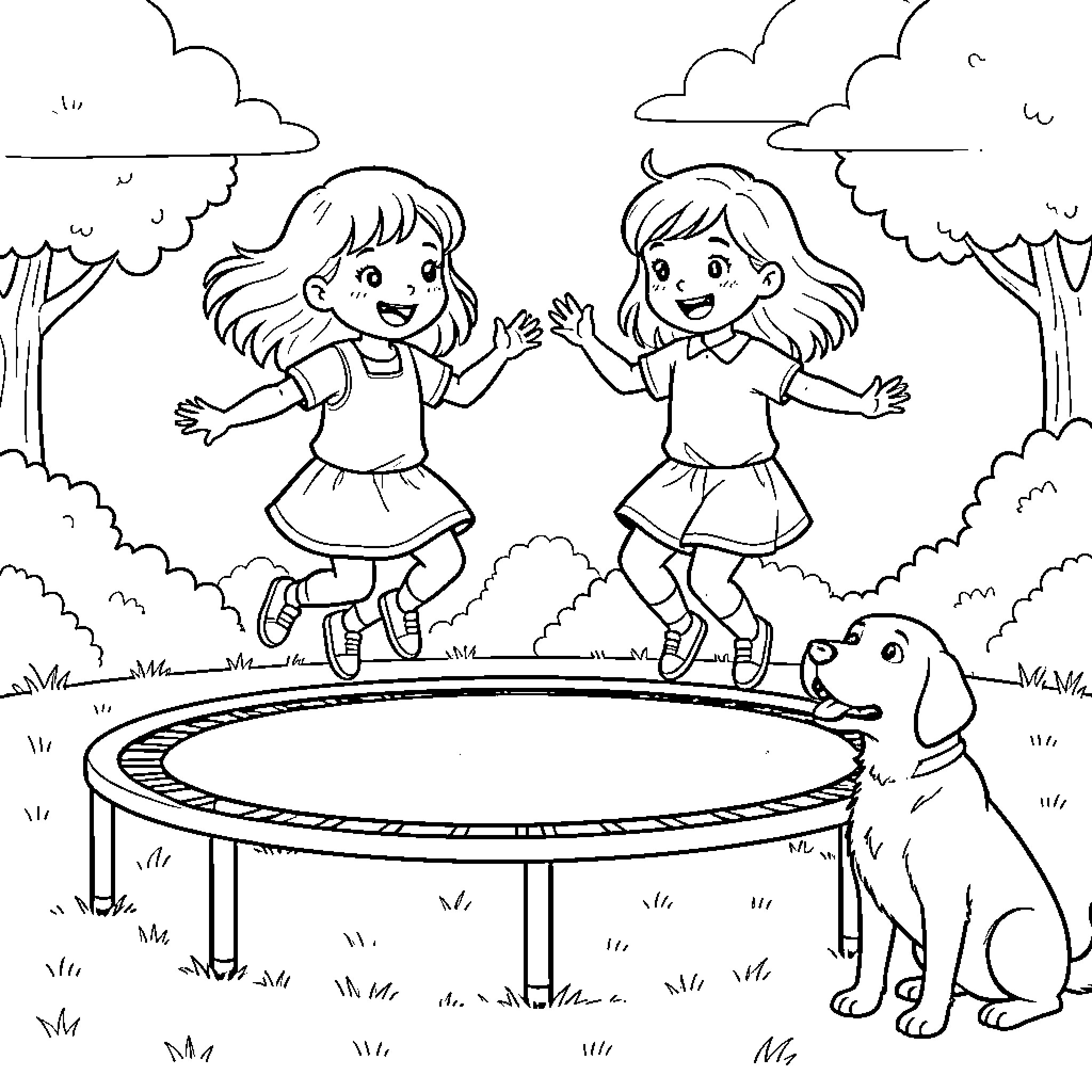 Fille jumping joyfully on a trampoline outdoors Coloring Page (free black-and-white line drawing printable PDF for all, from beginners to advanced learners, including children, teens, adults, and seniors)