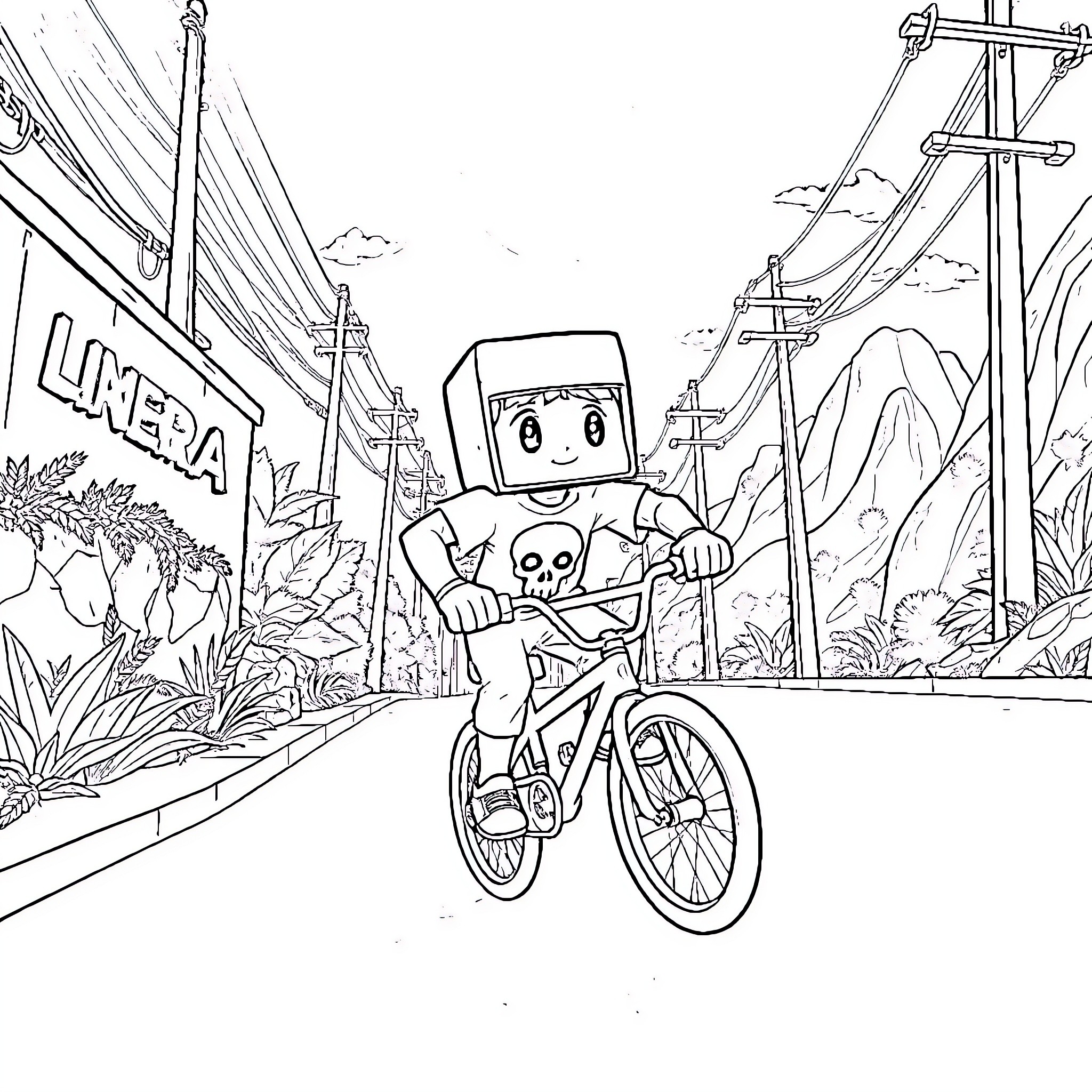 Box-Head Character Riding Bicycle in Outdoor Adventure Coloring Page (free black-and-white line drawing printable PDF for all, from beginners to advanced learners, including children, teens, adults, and seniors)