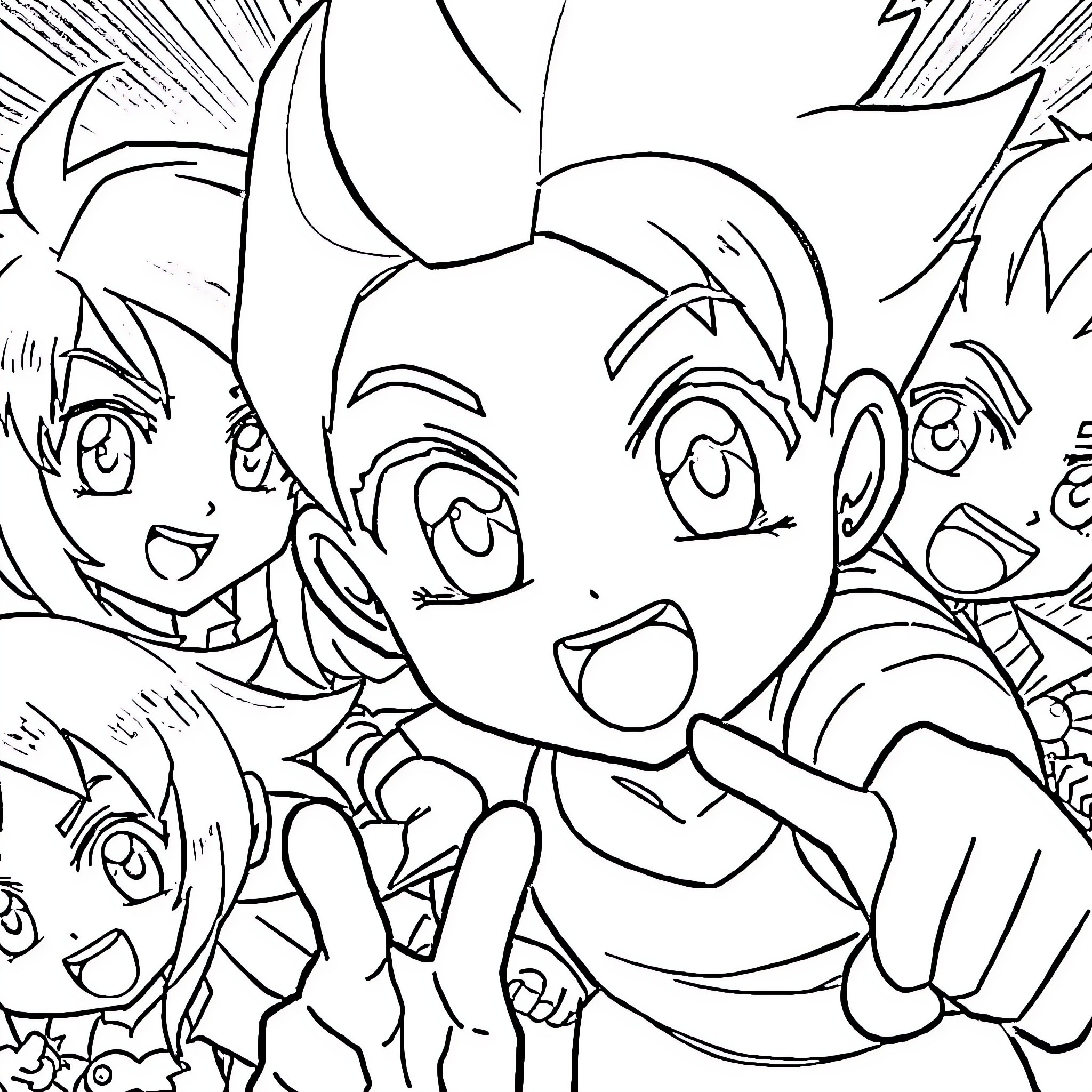 Anime characters in excited expressions Coloring Page (free black-and-white line drawing printable PDF for all, from beginners to advanced learners, including children, teens, adults, and seniors)