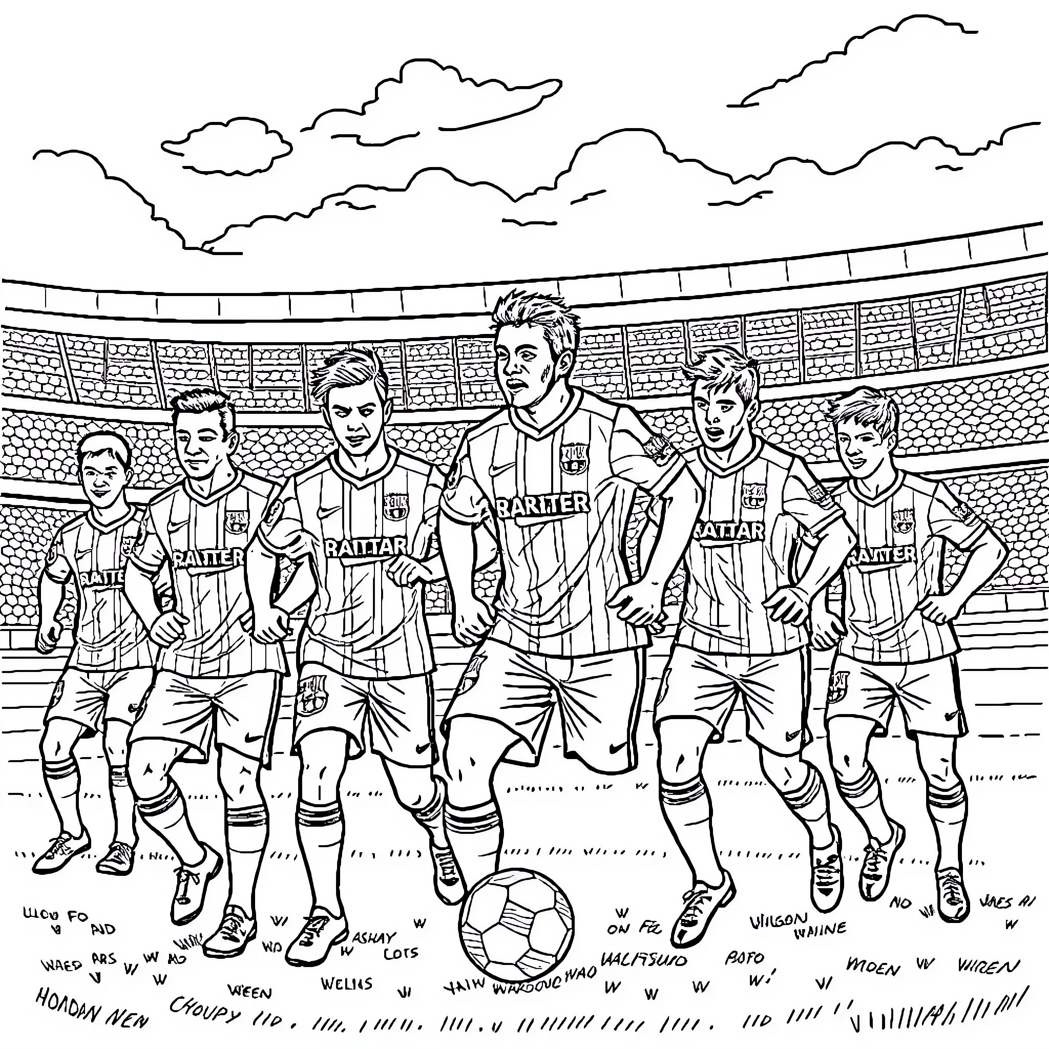 Fc Barcelona football team on the field Coloring Page (free black-and-white line drawing printable PDF for all, from beginners to advanced learners, including children, teens, adults, and seniors)
