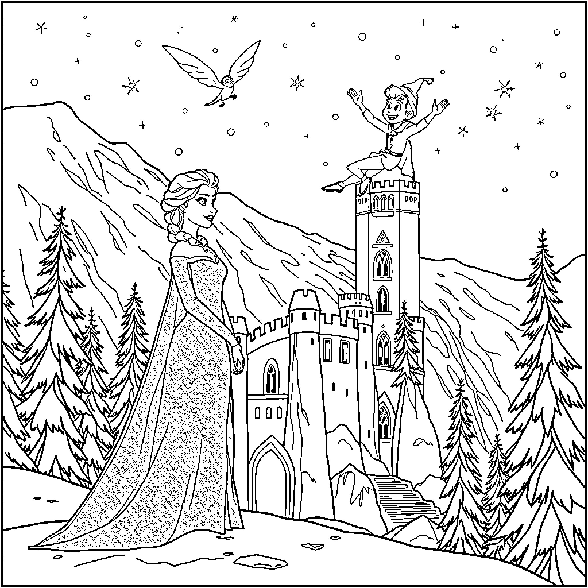 Elsa's Winter Palace on a Snowy Night Coloring Page (free black-and-white line drawing printable PDF for all, from beginners to advanced learners, including children, teens, adults, and seniors)
