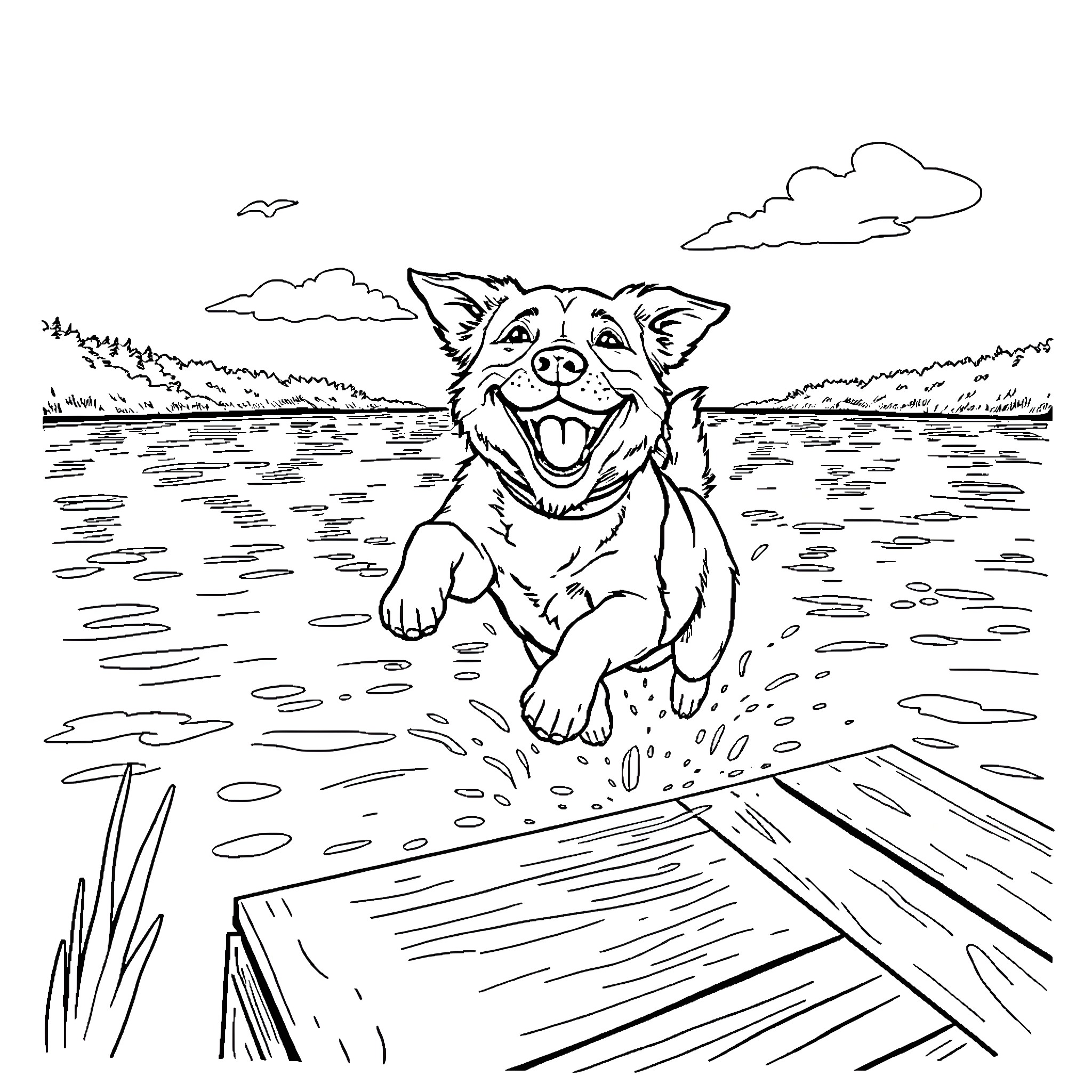 Dog playing joyfully near the lakeside Coloring Page (free black-and-white line drawing printable PDF for all, from beginners to advanced learners, including children, teens, adults, and seniors)