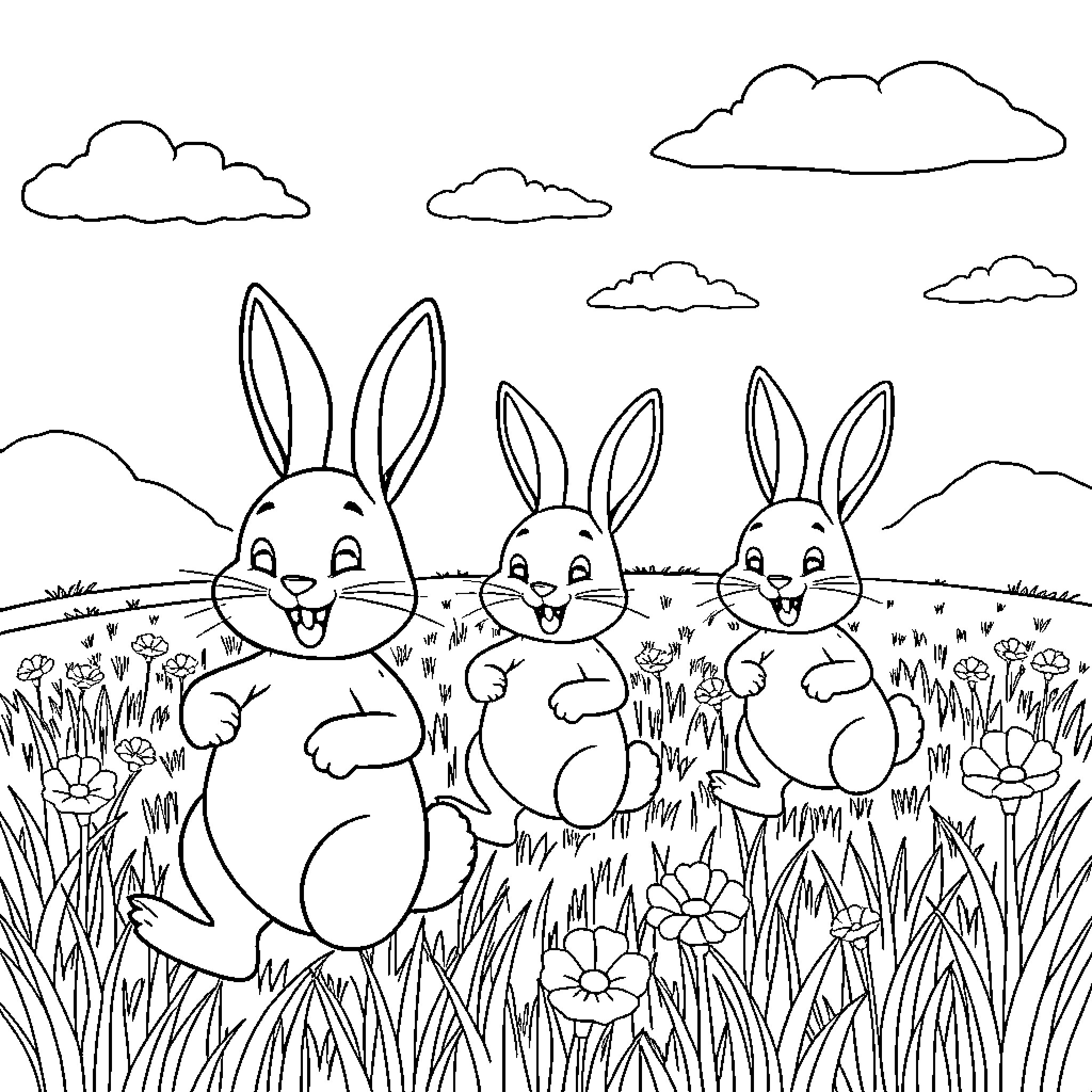 Bunny Bunnies Frolicking in Grassy Meadow Coloring Page (free black-and-white line drawing printable PDF for all, from beginners to advanced learners, including children, teens, adults, and seniors)