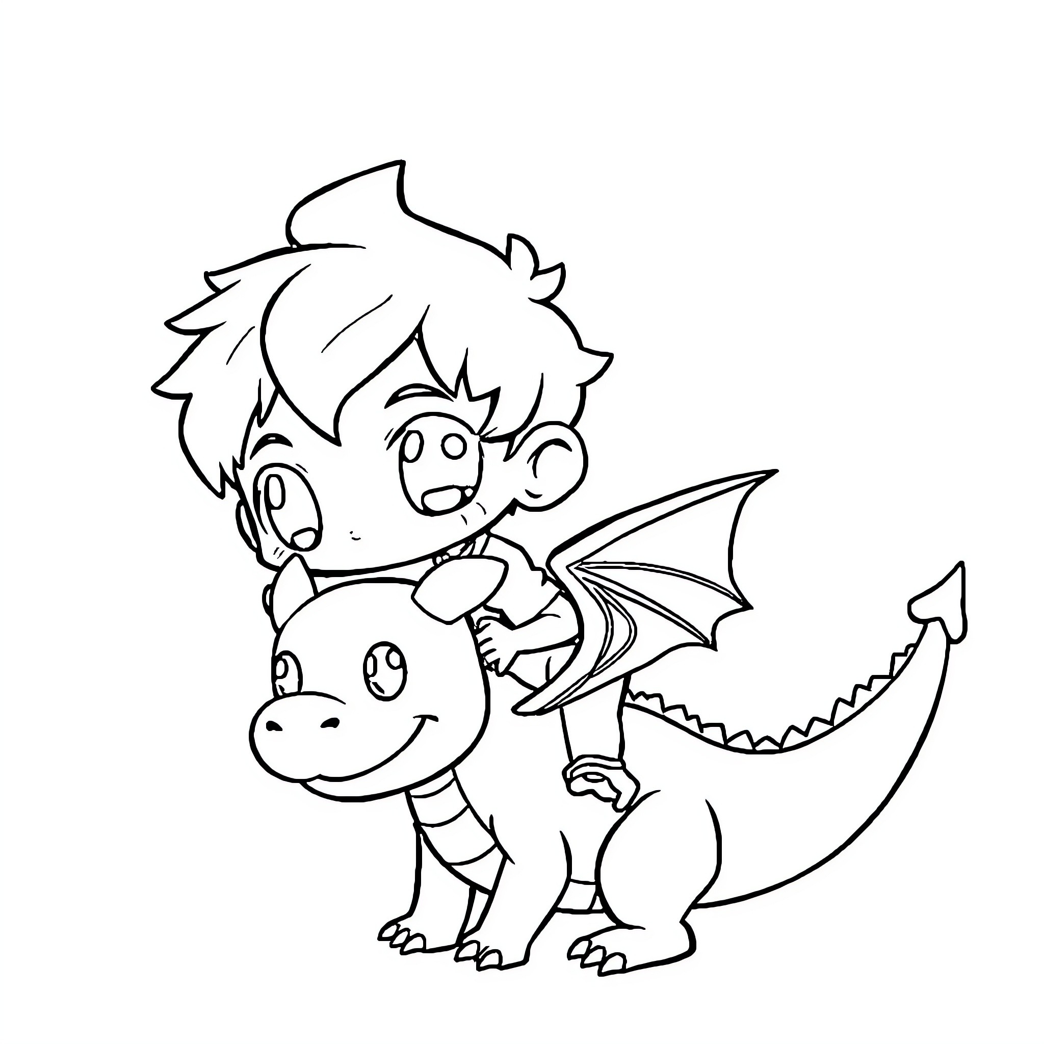 Dragon boy playing with his dragon pet Coloring Page (free black-and-white line drawing printable PDF for all, from beginners to advanced learners, including children, teens, adults, and seniors)
