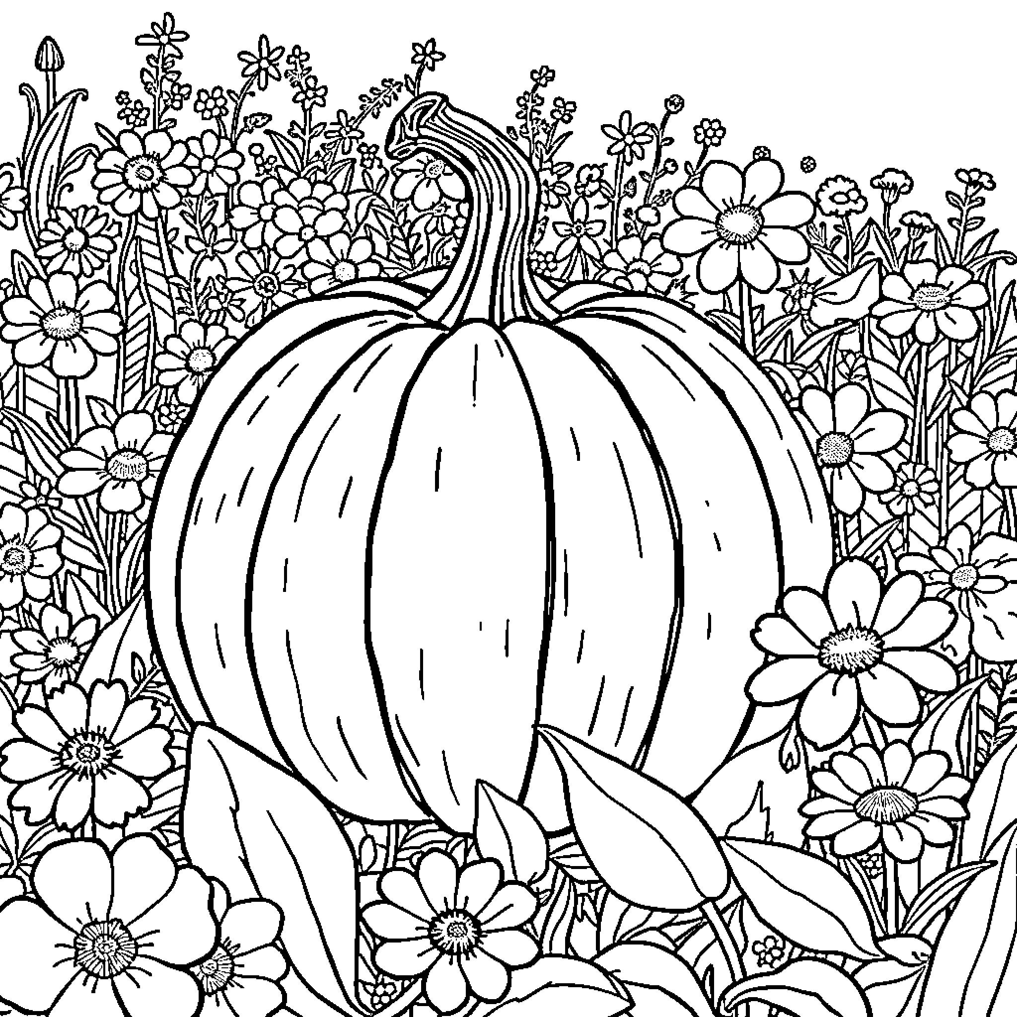 Pumpkin in a floral garden Coloring Page (free black-and-white line drawing printable PDF for all, from beginners to advanced learners, including children, teens, adults, and seniors)