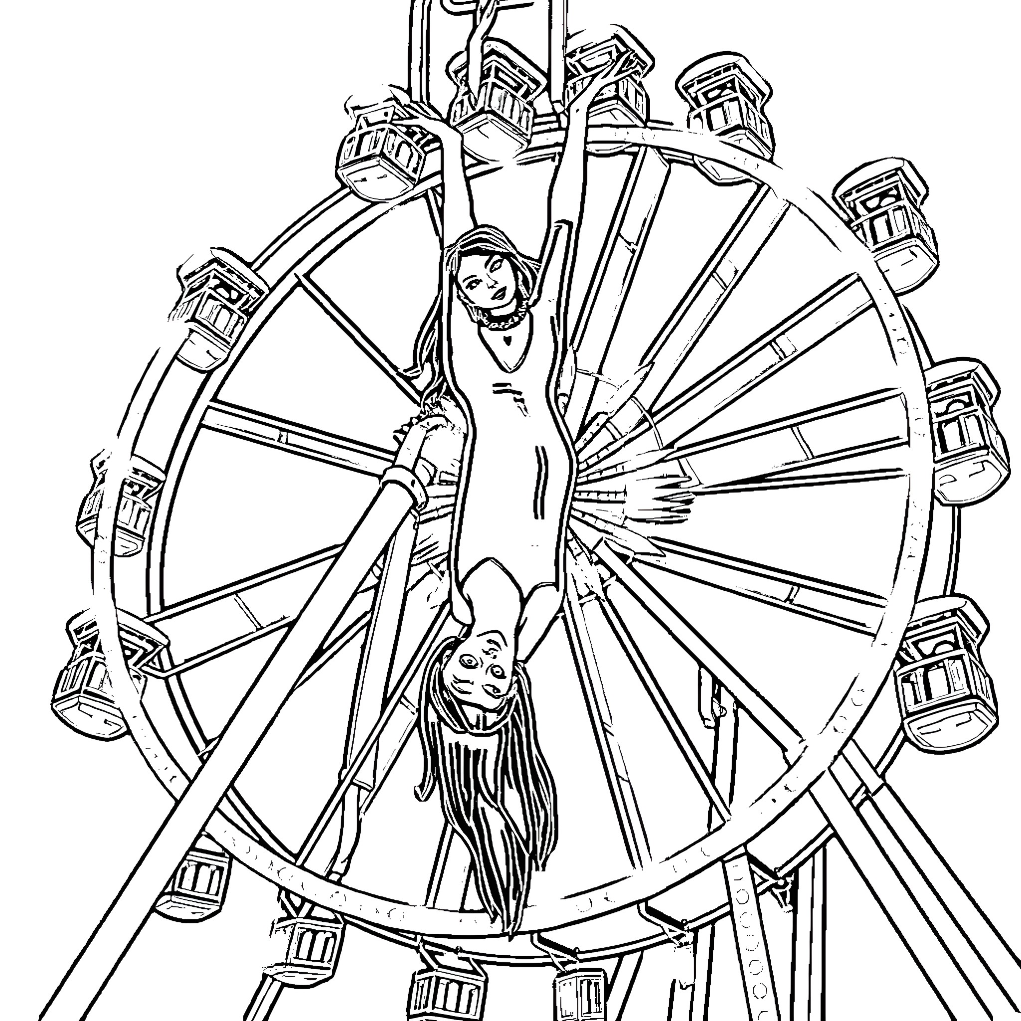 Morticia Adams rides a thrilling Ferris wheel Coloring Page (free black-and-white line drawing printable PDF for all, from beginners to advanced learners, including children, teens, adults, and seniors)