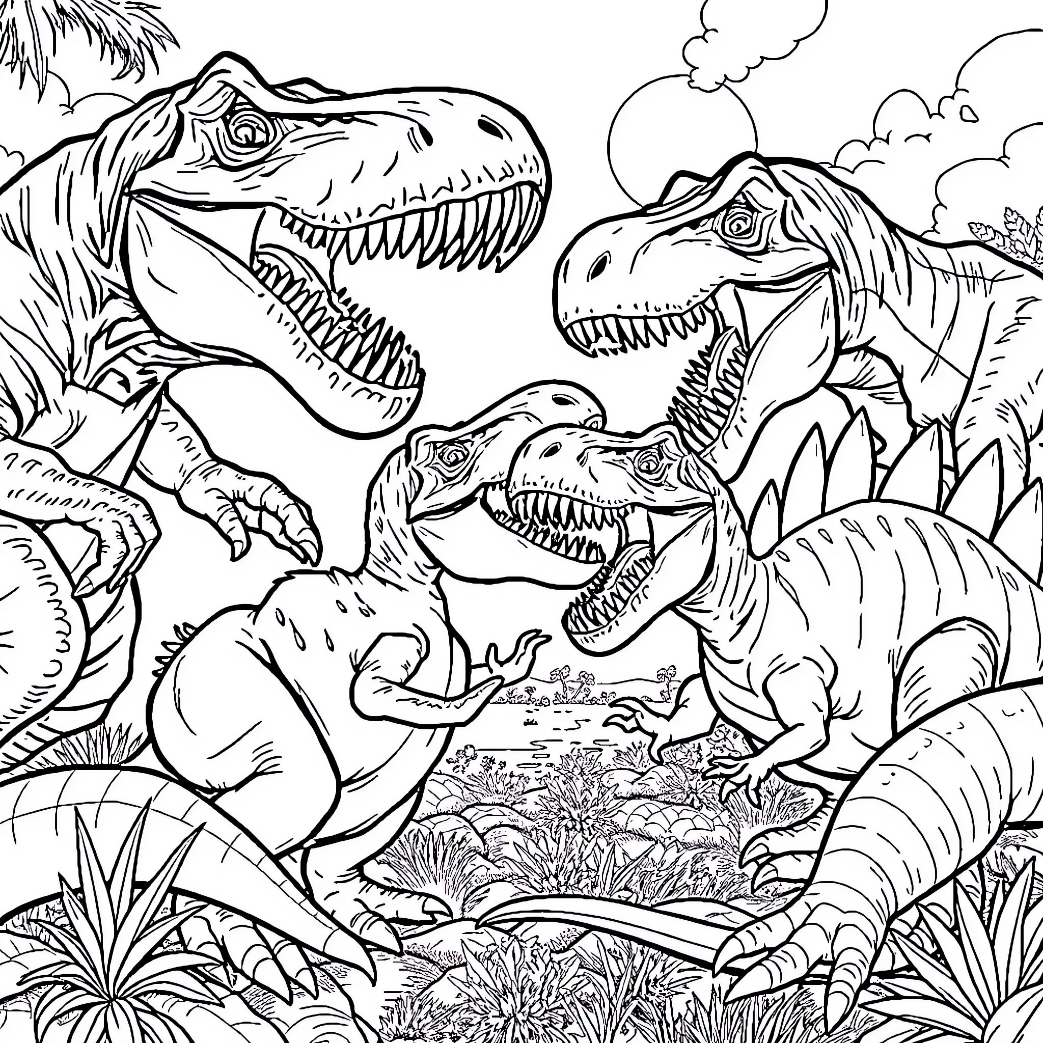 Dinosaurs in Prehistoric Landscape Coloring Page (free black-and-white line drawing printable PDF for all, from beginners to advanced learners, including children, teens, adults, and seniors)