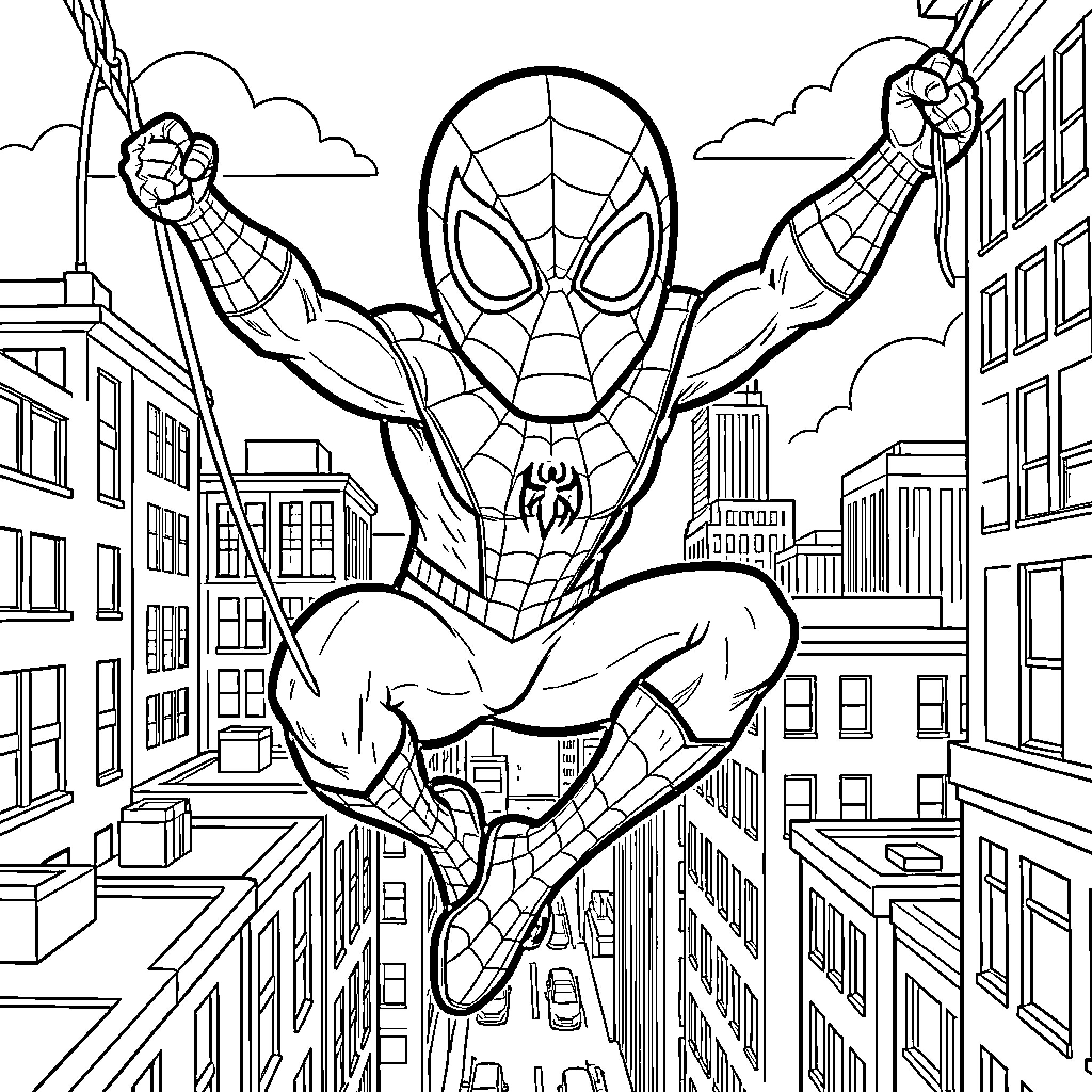 Spiderman swinging through a city canyon Coloring Page (free black-and-white line drawing printable PDF for all, from beginners to advanced learners, including children, teens, adults, and seniors)