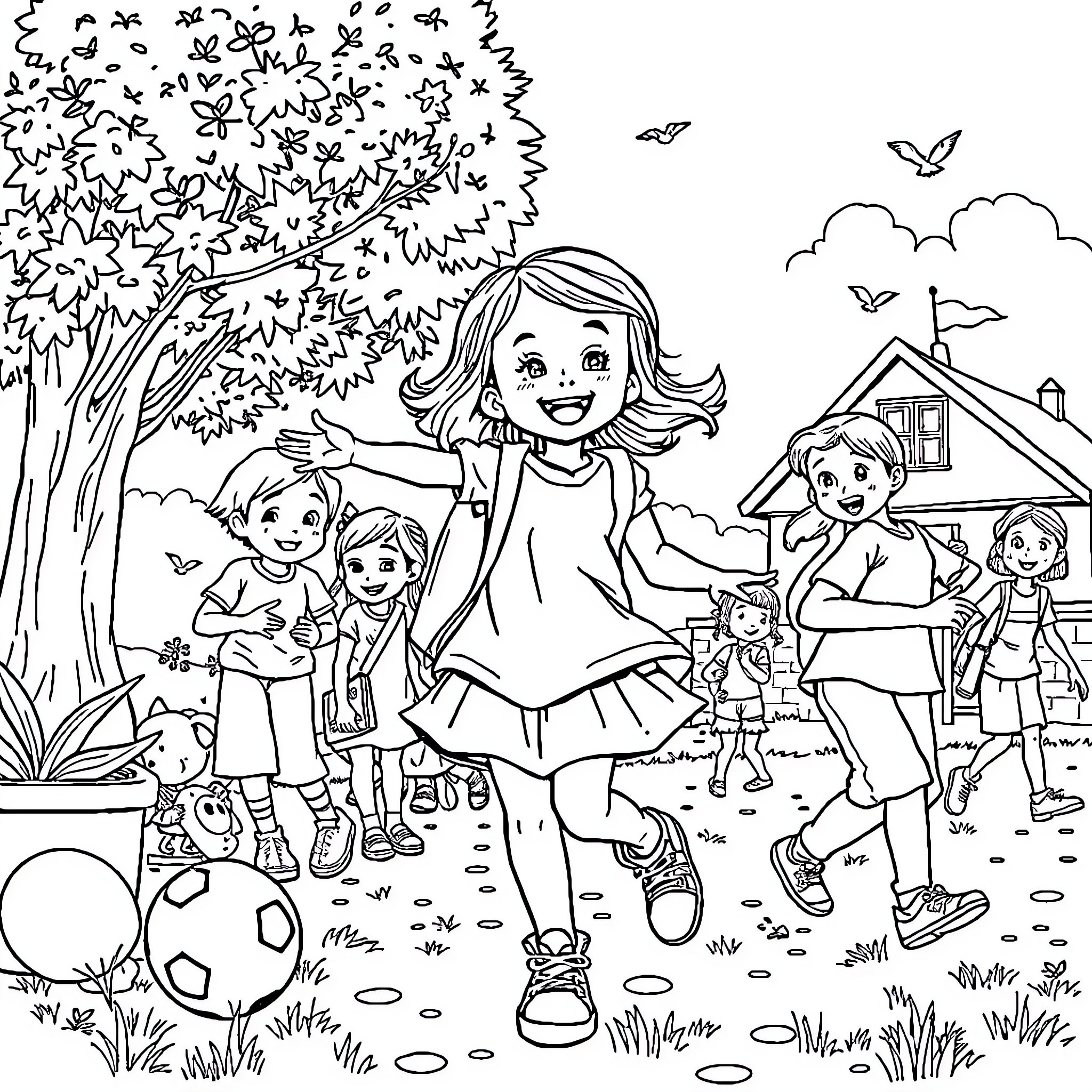 Fille playing with children in the yard Coloring Page (free black-and-white line drawing printable PDF for all, from beginners to advanced learners, including children, teens, adults, and seniors)