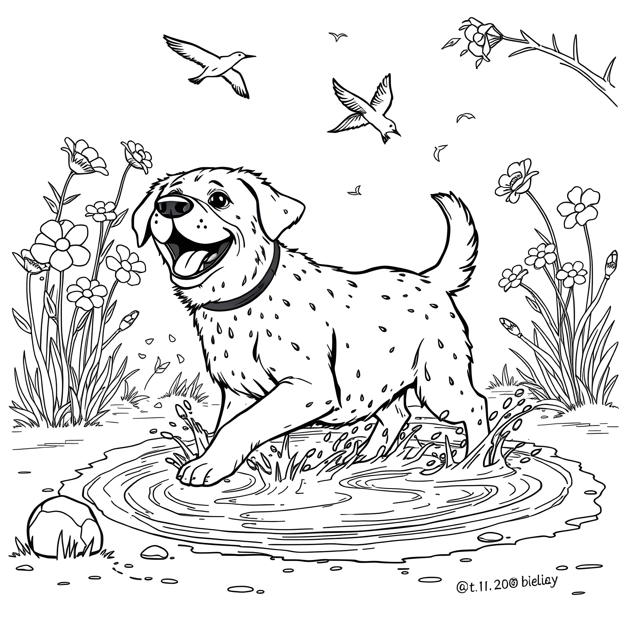 Dog playing happily in a garden with butterflies Coloring Page (free black-and-white line drawing printable PDF for all, from beginners to advanced learners, including children, teens, adults, and seniors)