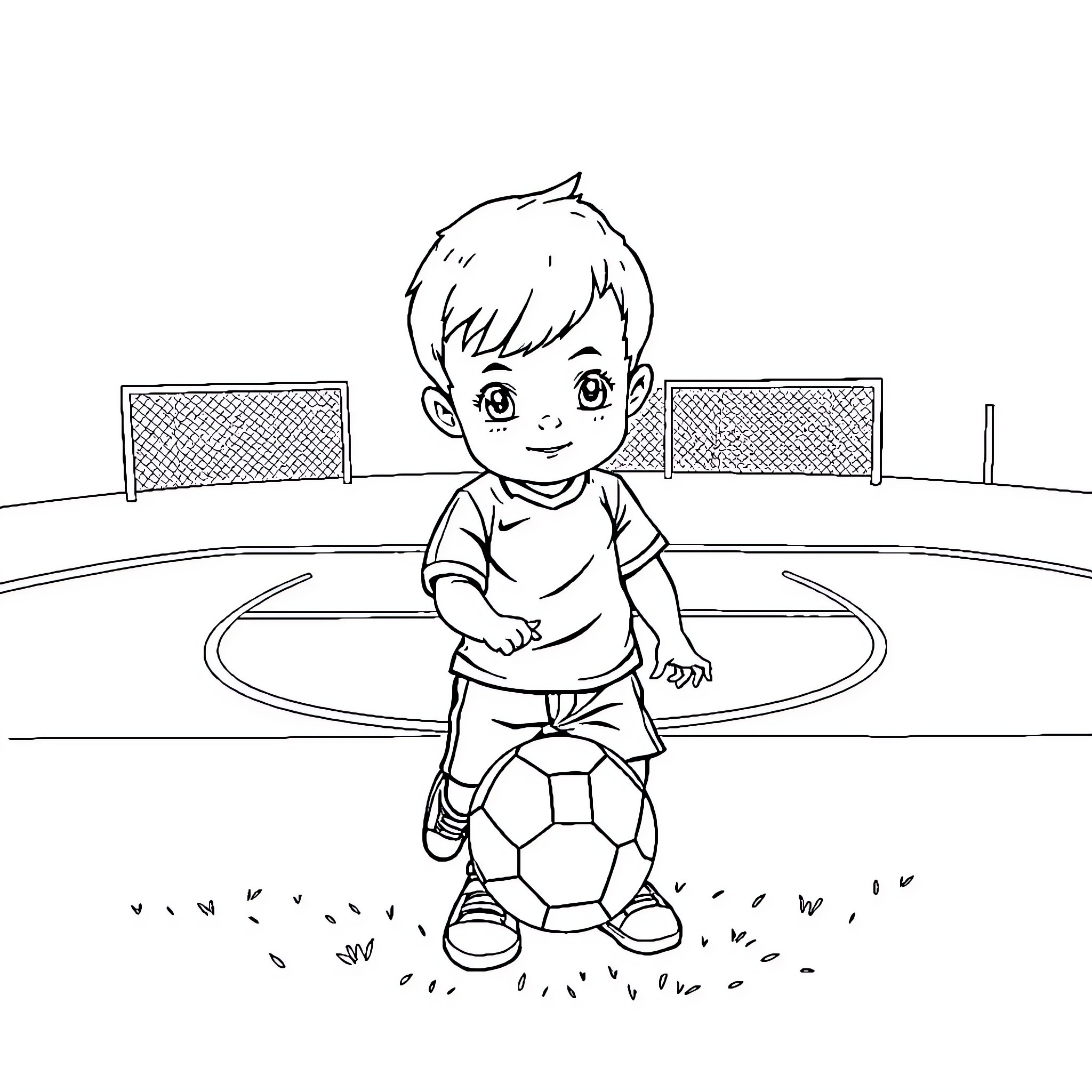 Bebe playing happily with soccer ball on field Coloring Page (free black-and-white line drawing printable PDF for all, from beginners to advanced learners, including children, teens, adults, and seniors)