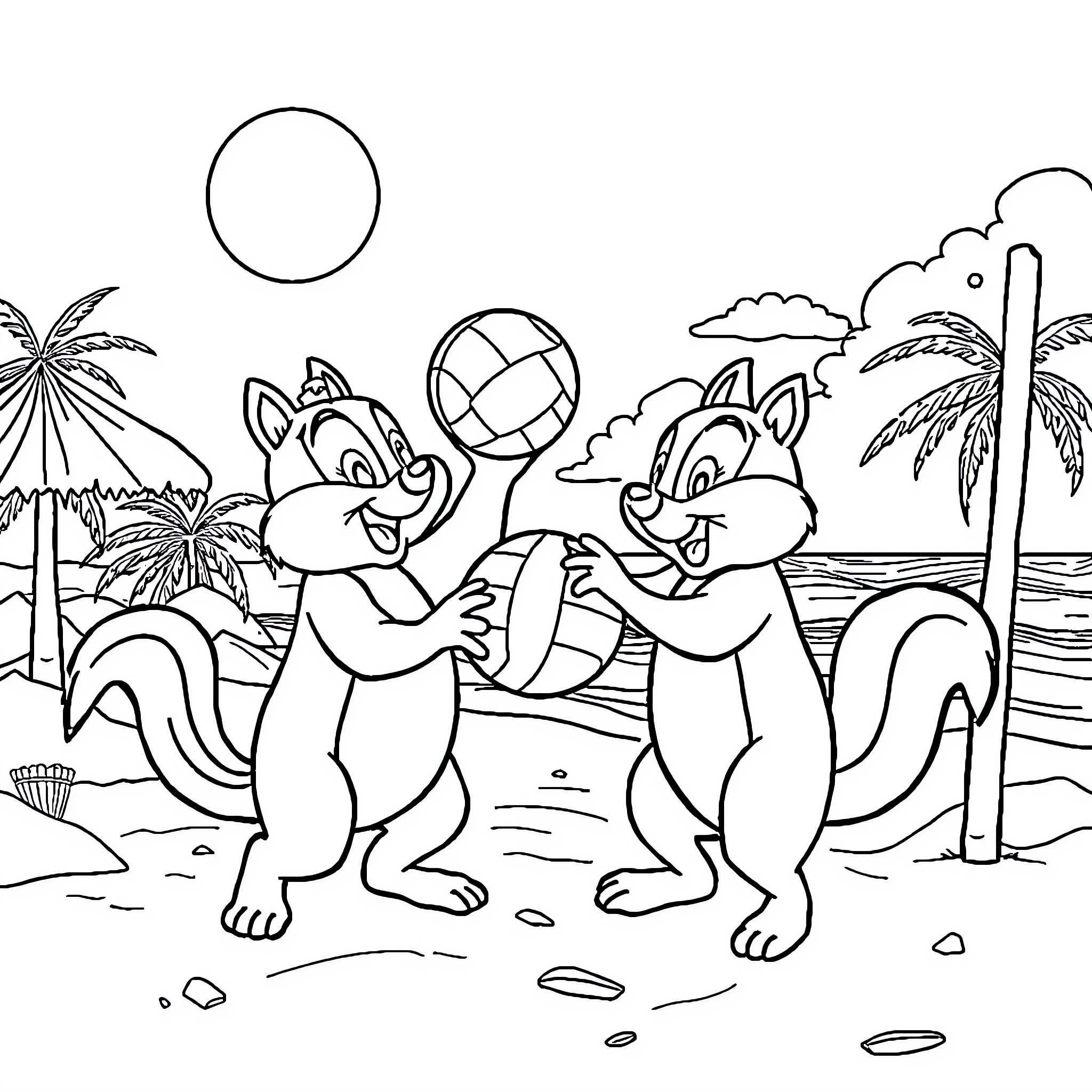 Chip n Dale enjoying a beach day with volleyball Coloring Page (free black-and-white line drawing printable PDF for all, from beginners to advanced learners, including children, teens, adults, and seniors)