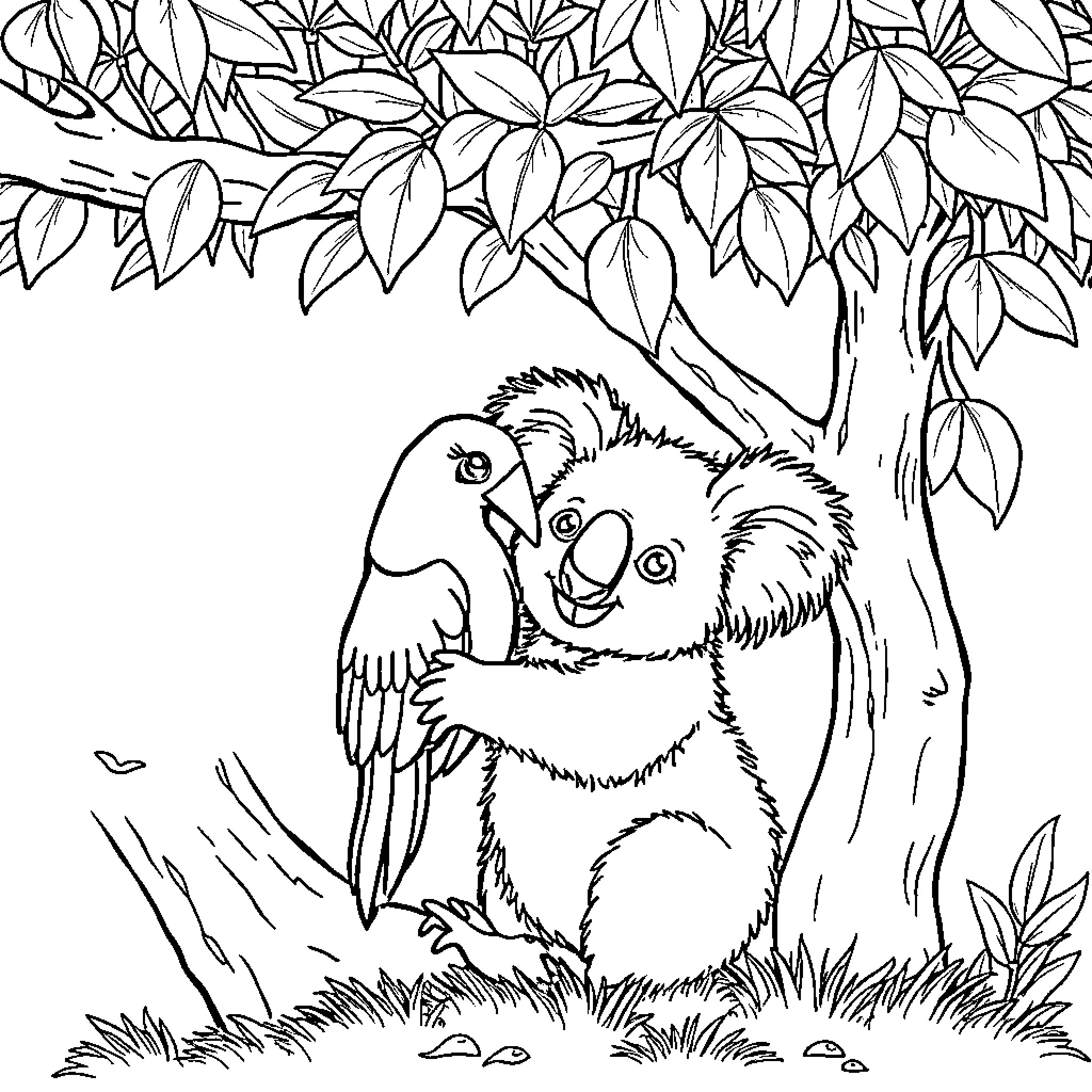 Flamingo-like Bird Perching in Lush Foliage Coloring Page (free black-and-white line drawing printable PDF for all, from beginners to advanced learners, including children, teens, adults, and seniors)