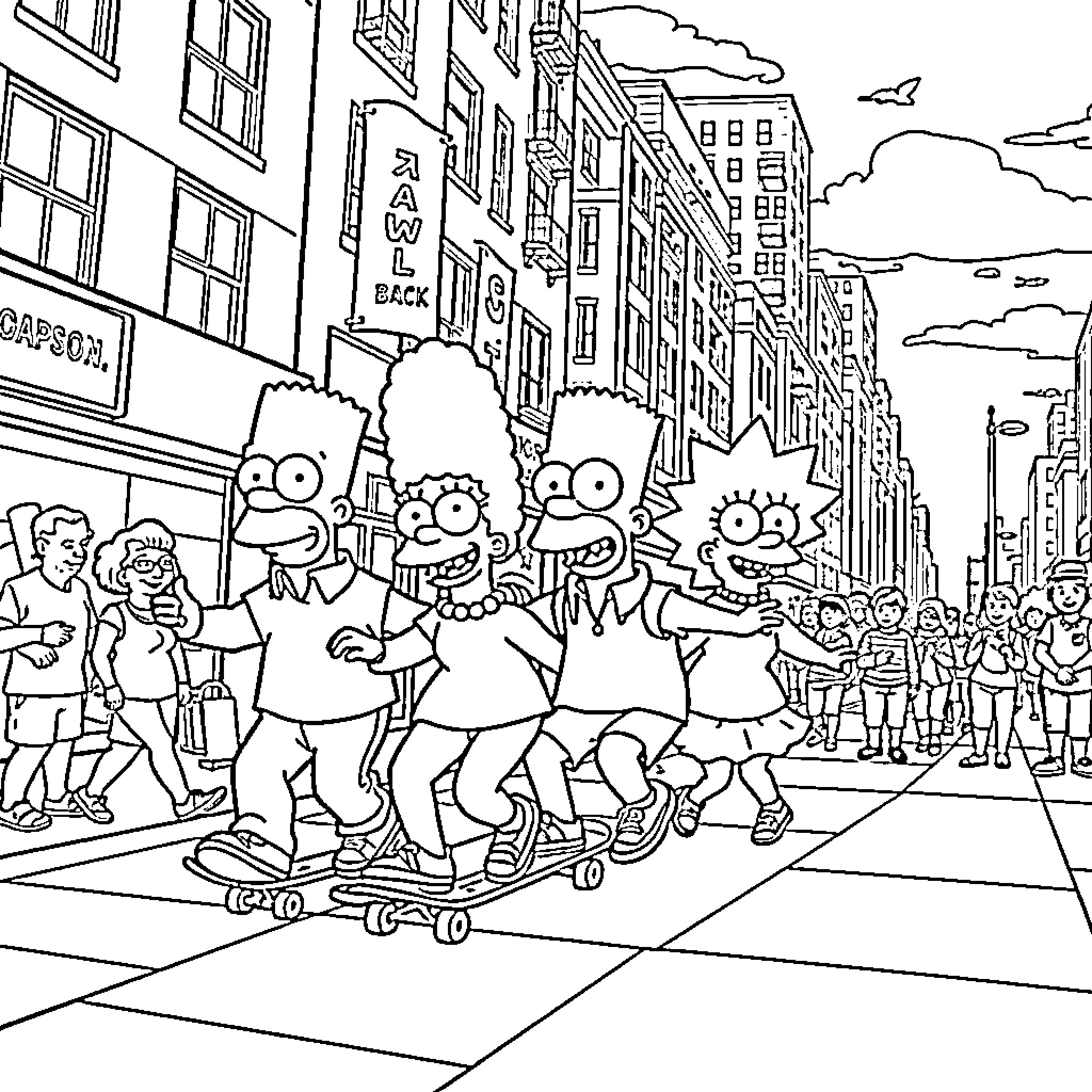 Simpson family skateboarders on busy city street Coloring Page (free black-and-white line drawing printable PDF for all, from beginners to advanced learners, including children, teens, adults, and seniors)