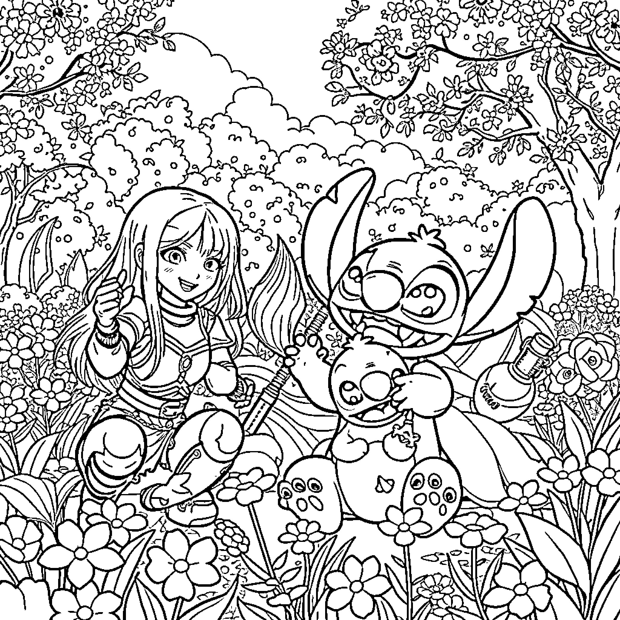 K-Pop Warriors Explore Enchanted Floral Wonderland Coloring Page (free black-and-white line drawing printable PDF for all, from beginners to advanced learners, including children, teens, adults, and seniors)