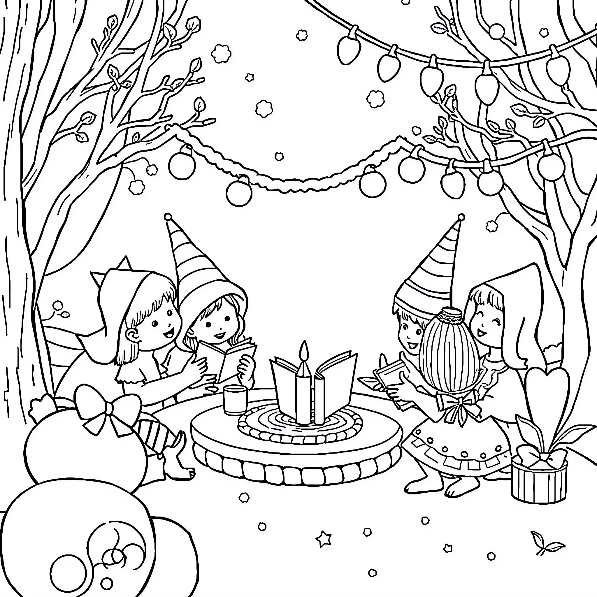 Book of Joyful Party Celebrations in the Woods Coloring Page (free black-and-white line drawing printable PDF for all, from beginners to advanced learners, including children, teens, adults, and seniors)