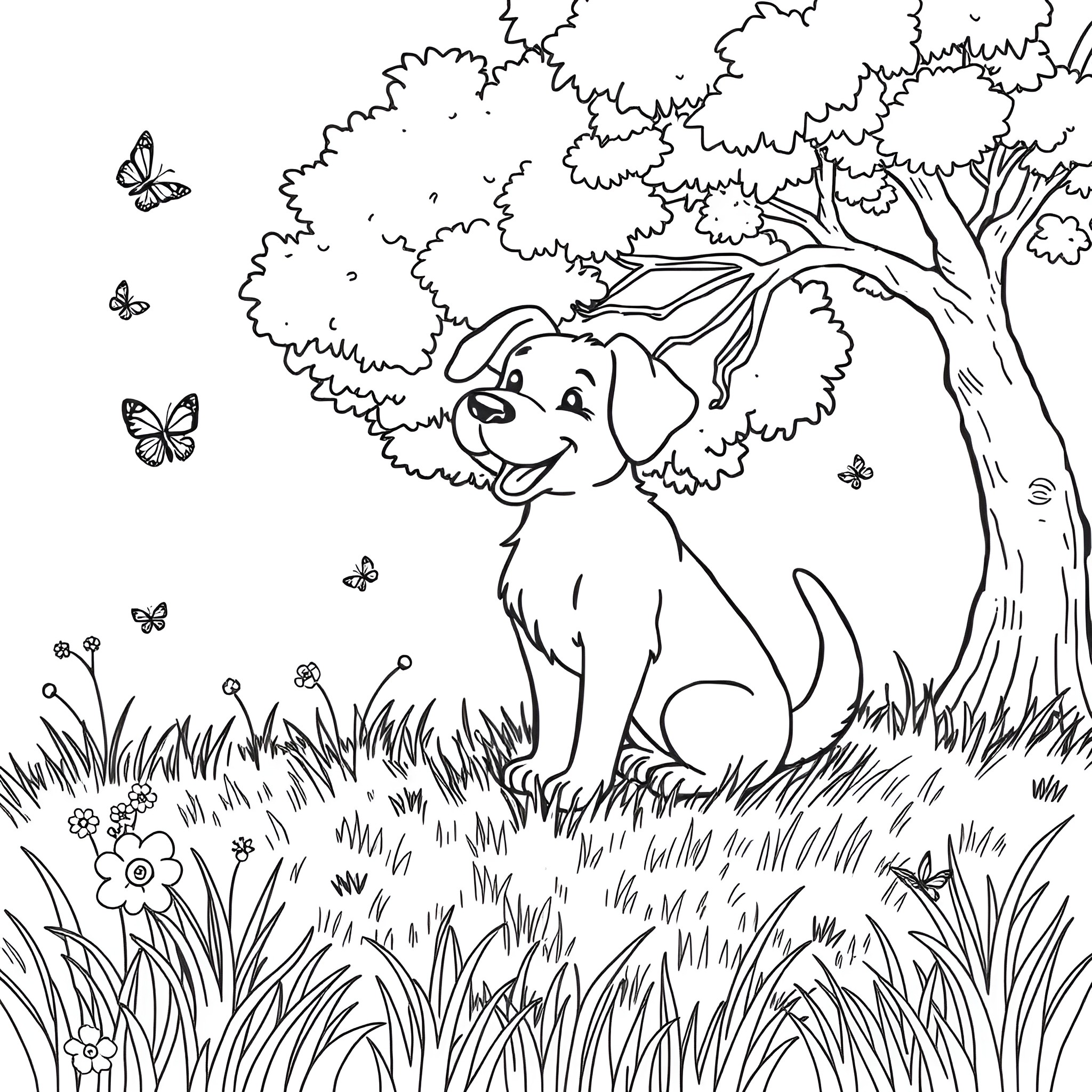 Dog enjoying nature in the park Coloring Page (free black-and-white line drawing printable PDF for all, from beginners to advanced learners, including children, teens, adults, and seniors)