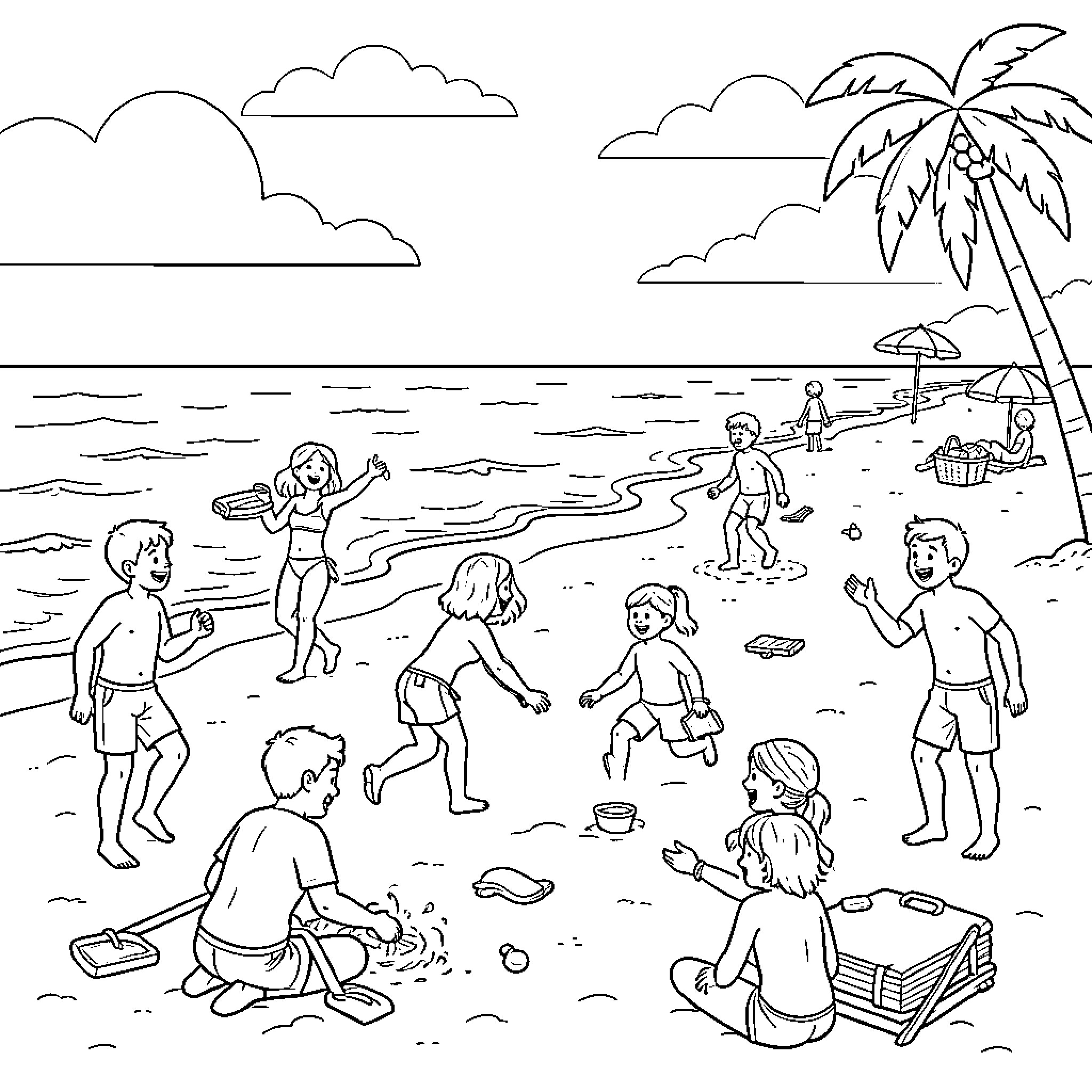 Beach scene with children playing in the sand Coloring Page (free black-and-white line drawing printable PDF for all, from beginners to advanced learners, including children, teens, adults, and seniors)