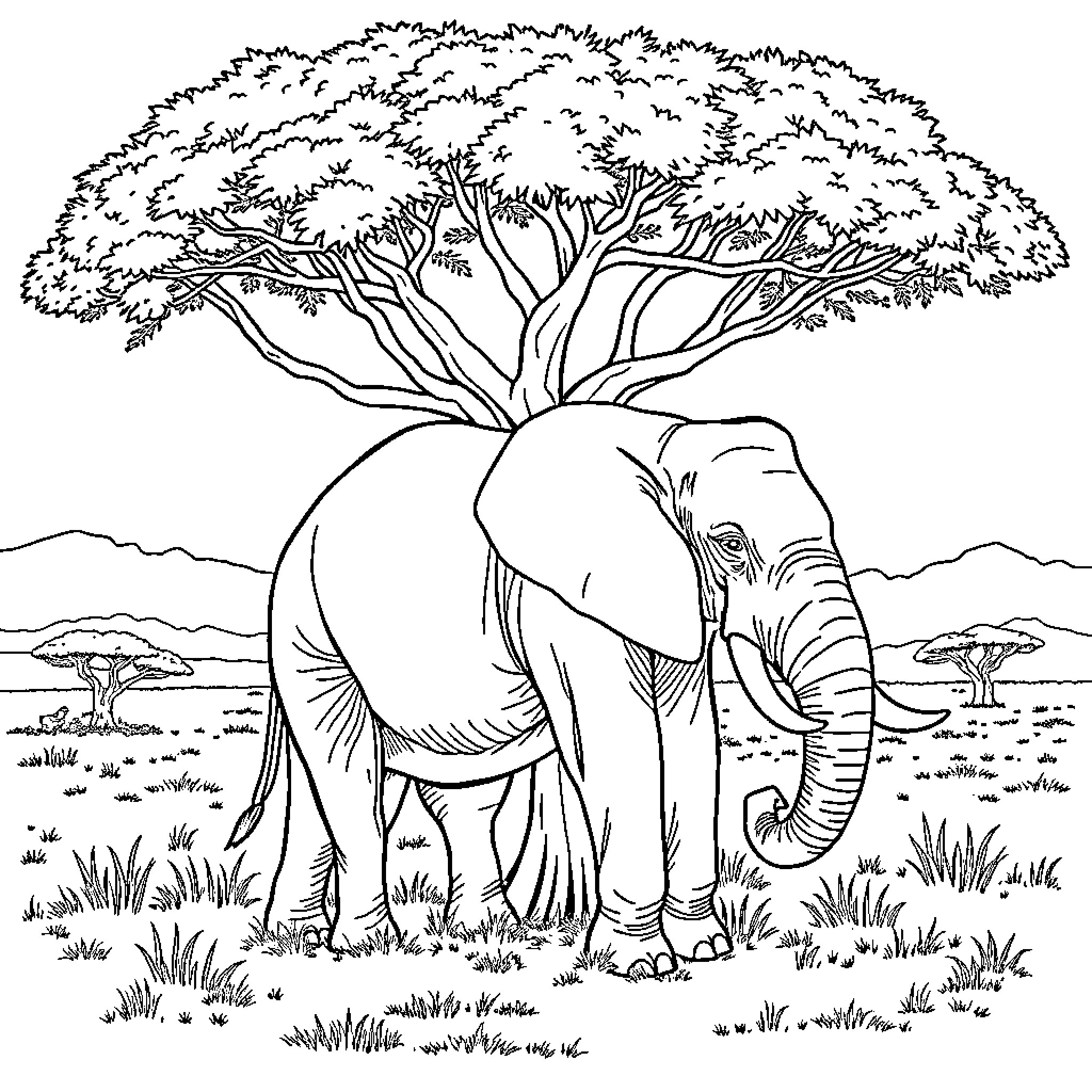 Elephant standing under a large tree Coloring Page (free black-and-white line drawing printable PDF for all, from beginners to advanced learners, including children, teens, adults, and seniors)