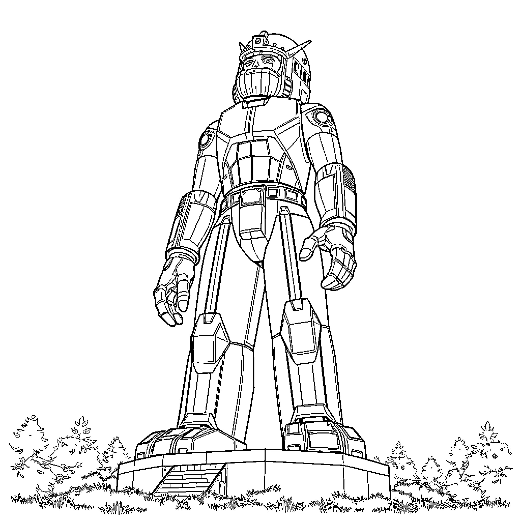 Animatronic Robotic Figure Standing Tall in Meadow Coloring Page (free black-and-white line drawing printable PDF for all, from beginners to advanced learners, including children, teens, adults, and seniors)