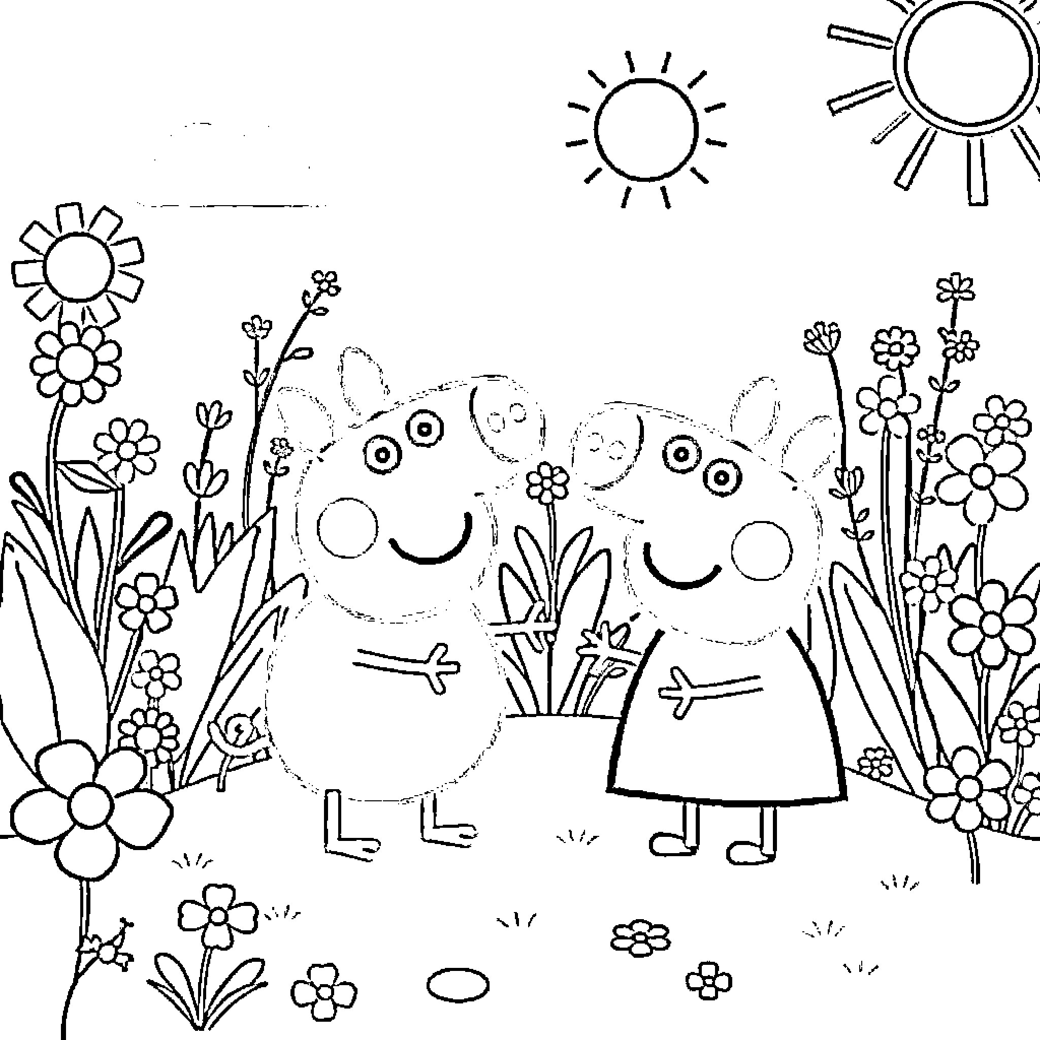 Peppa Pig and friends enjoying a floral garden Coloring Page (free black-and-white line drawing printable PDF for all, from beginners to advanced learners, including children, teens, adults, and seniors)