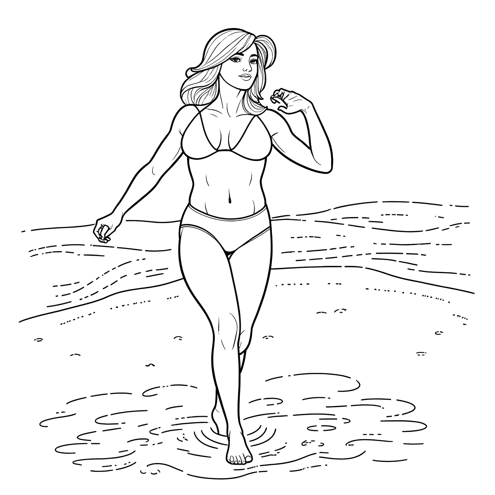 Trump in swimwear walking along the beach Coloring Page (free black-and-white line drawing printable PDF for all, from beginners to advanced learners, including children, teens, adults, and seniors)