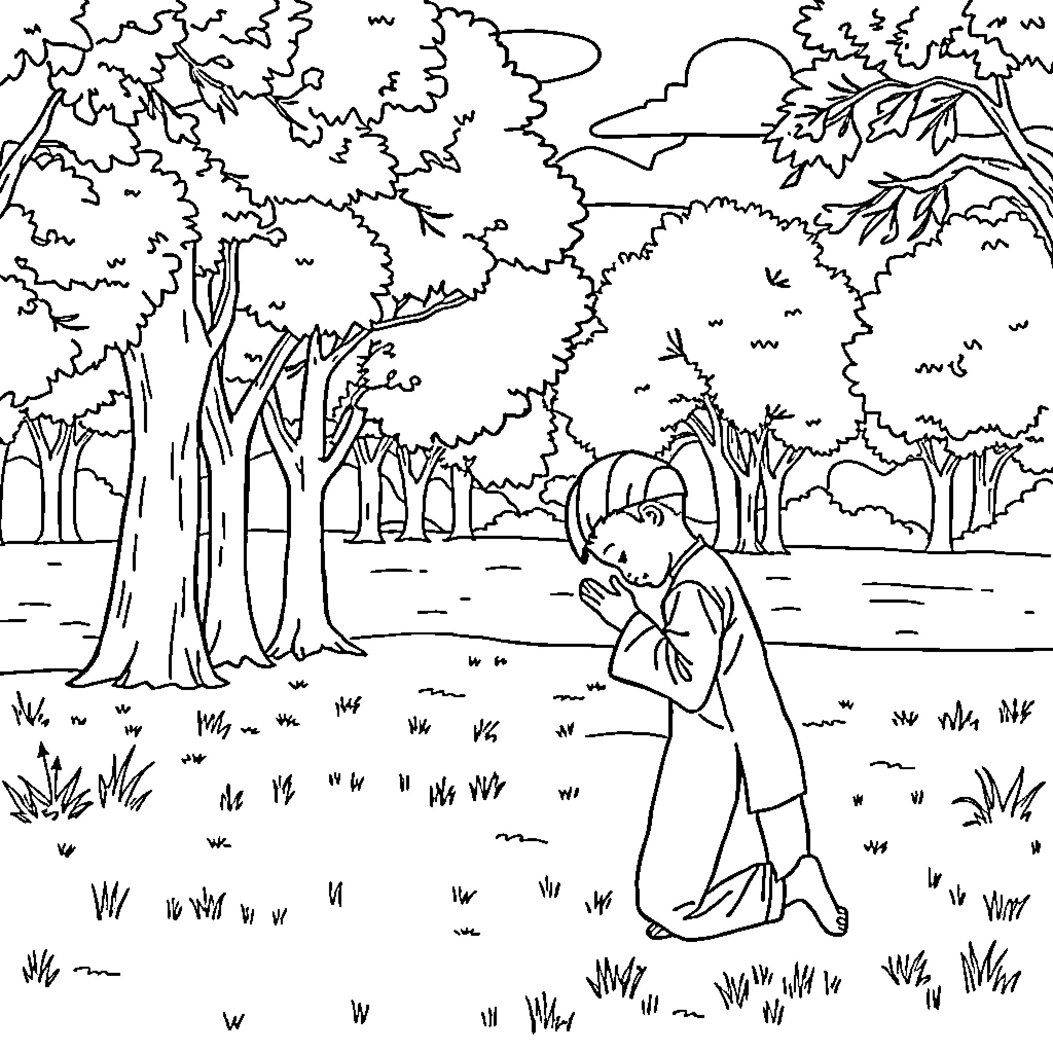 Boy contemplating in serene forest setting Coloring Page (free black-and-white line drawing printable PDF for all, from beginners to advanced learners, including children, teens, adults, and seniors)